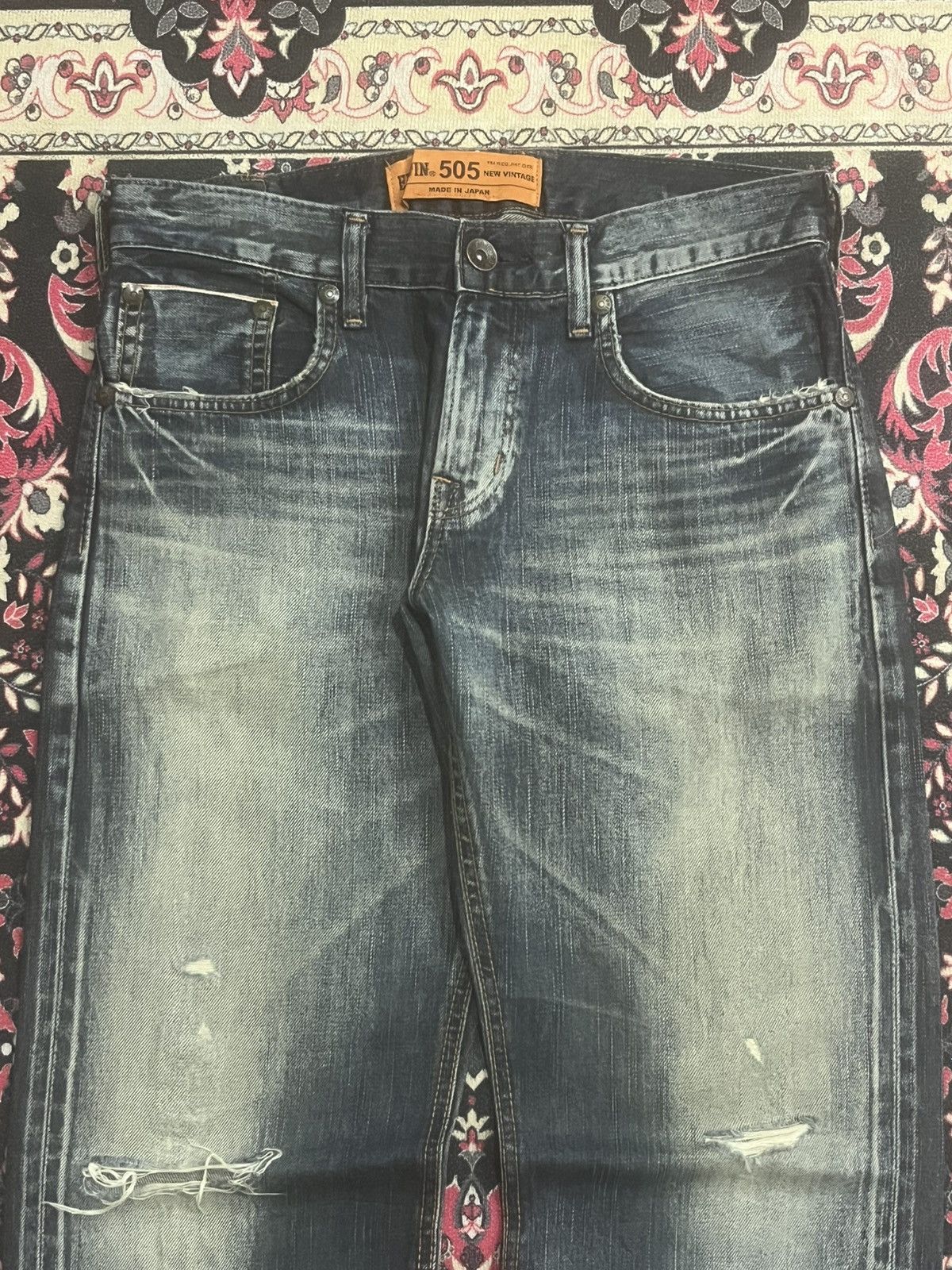 Vintage Edwin 505 Dark Faded Ripped Buckle Back Selvedge Flare Jeans Size US 30 / EU 46 - 4 Thumbnail
