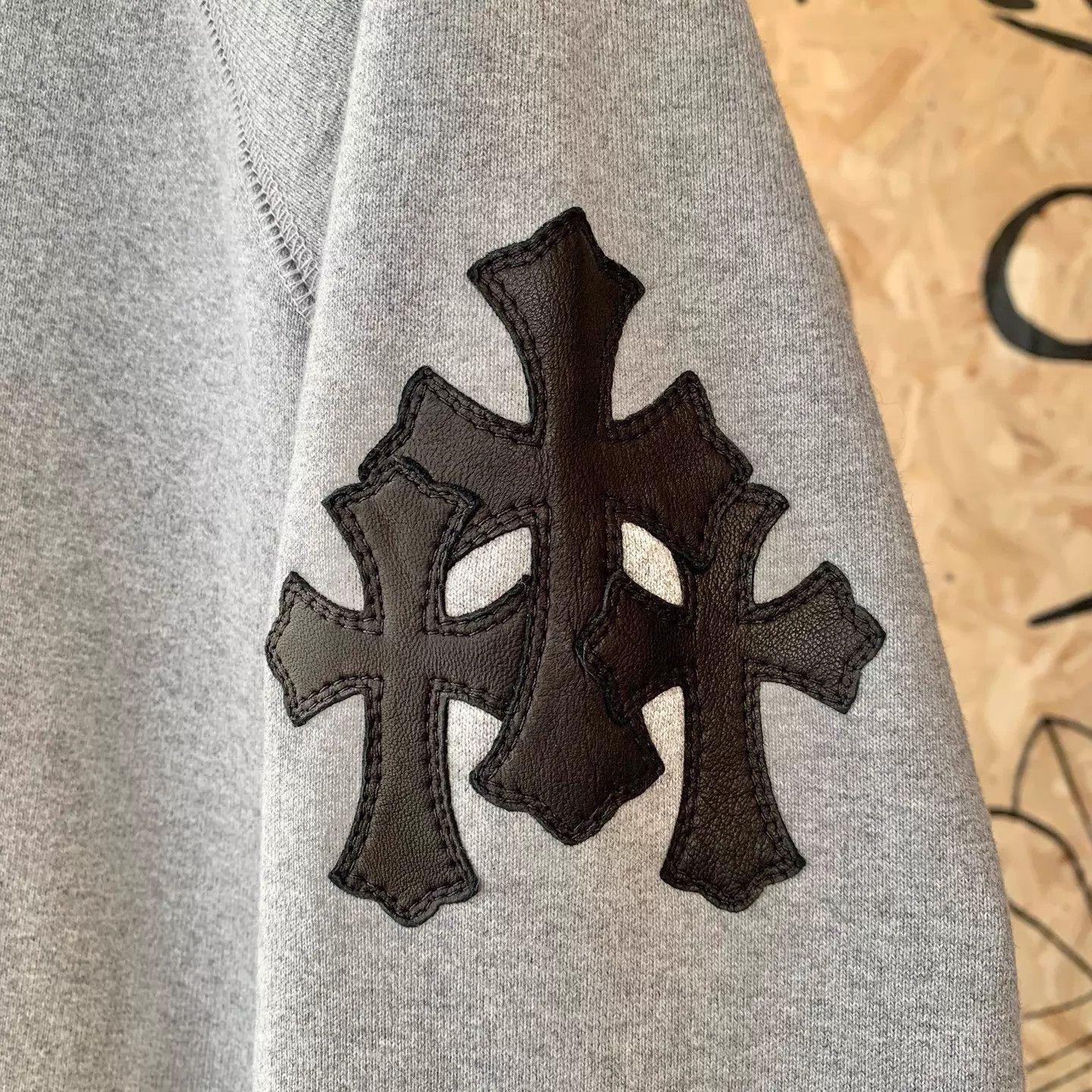 Chrome Hearts Chrome Hearts New Gray Hoodie w/ Black Cross Leather Sleeves Size US XL / EU 56 / 4 - 5 Thumbnail