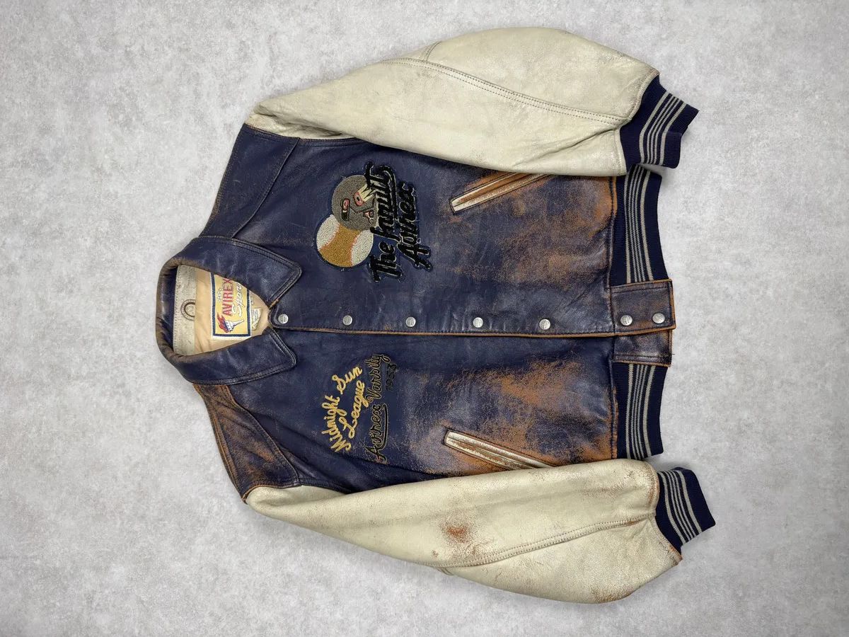 Avirex 1990s Avirex Brown & White Leather Pilot Varsity Bomber Jacket Size US M / EU 48-50 / 2 - 1 Thumbnail