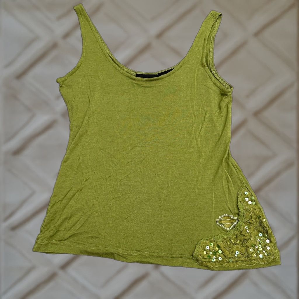 Harley Davidson VINTAGE Harley-Davidson Tank Top Shirt Juniors Large Green Sequin 90s Motorcycle Casual Womens Size L / US 10 / IT 46 - 1 Thumbnail