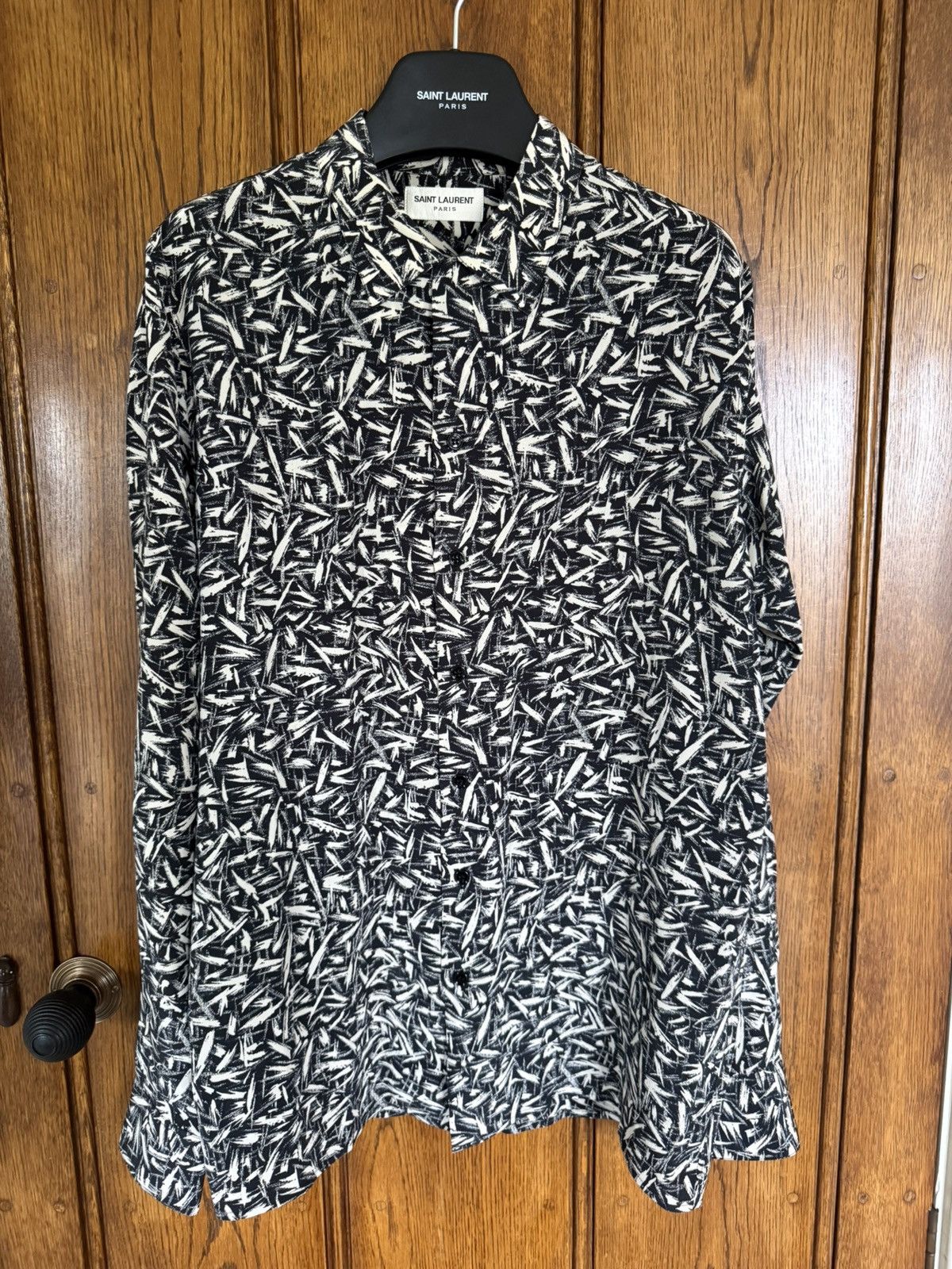 Saint Laurent Paris SS14 Saint Laurent Black white Brush squiggle silk shirt Size US M / EU 48-50 / 2 - 3 Thumbnail