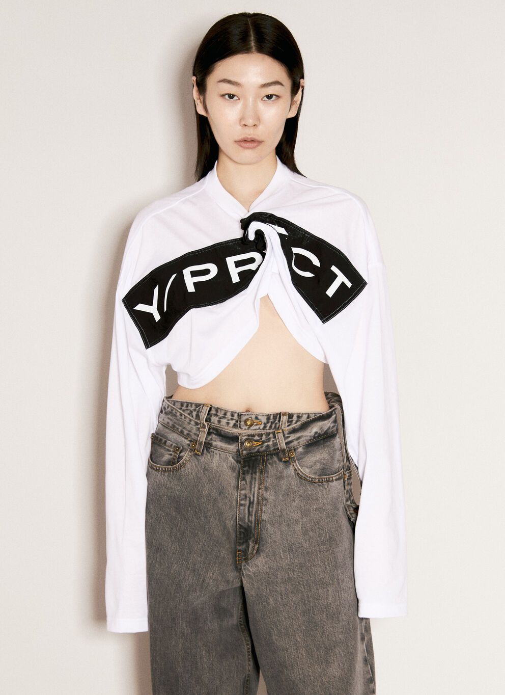image of Yproject Scrunched Logo Print T-Shirt in White, Women's (Size Small)