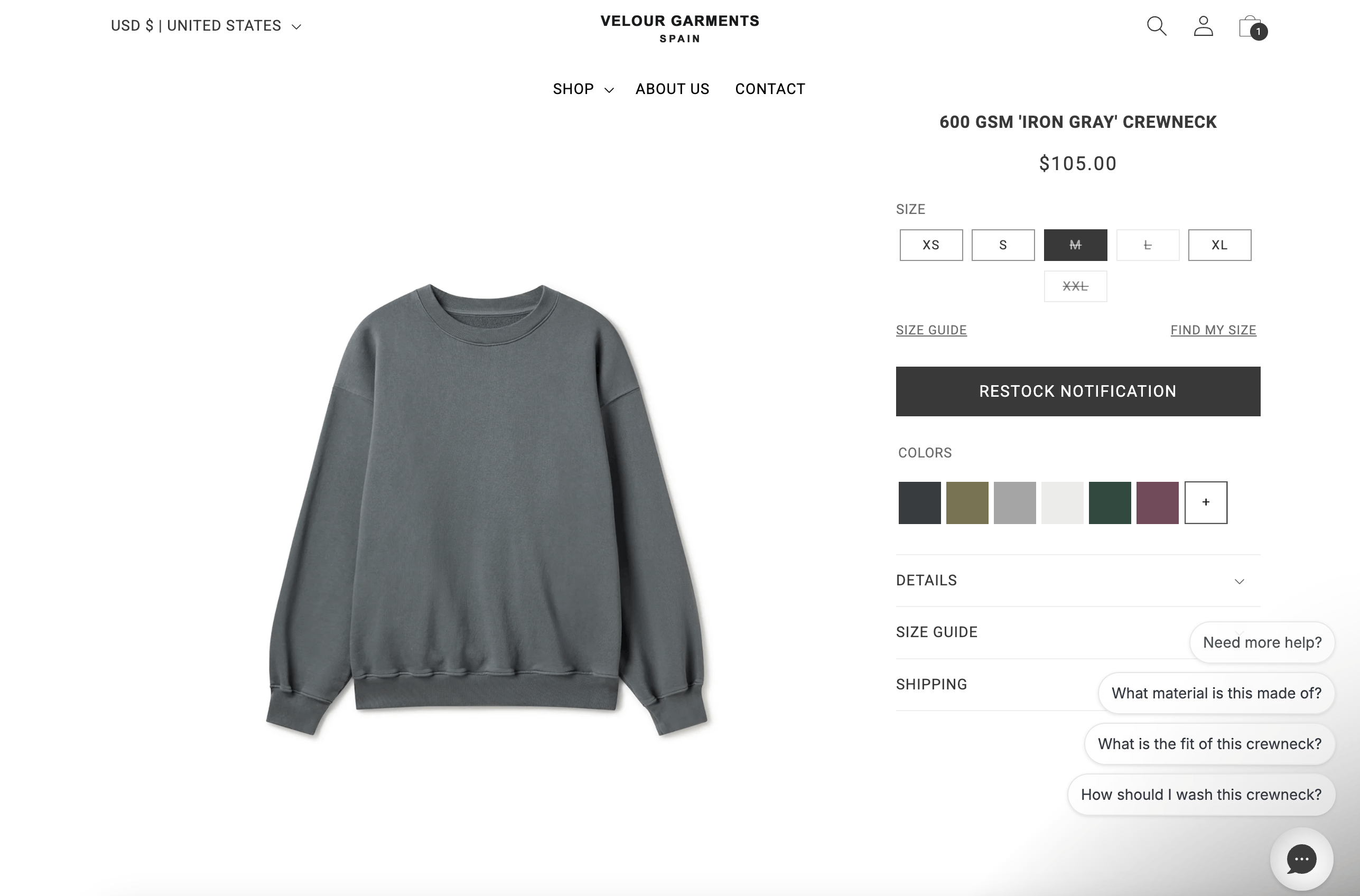 Velour Velour Garments 600 GSM Heavyweight Crewneck - Iron Gray Size US M / EU 48-50 / 2 - 10 Thumbnail