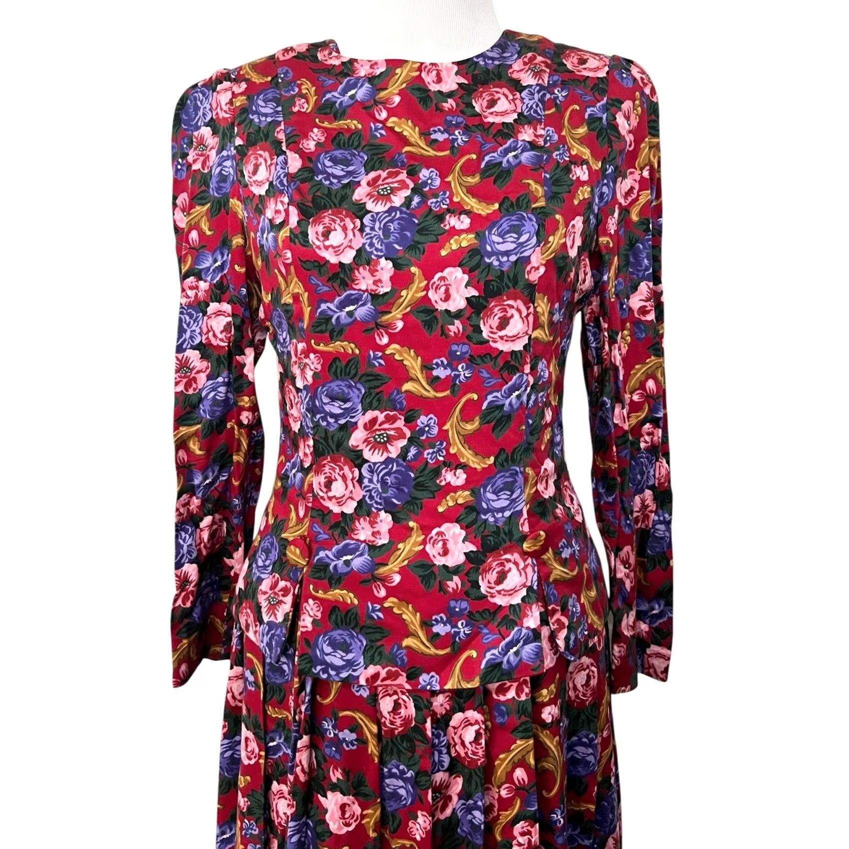 Talbots VINTAGE Talbots Floral Dress Midi Pink Purple Long Sleeve Pleats Womens 6 Floral 80s 90s Romantic Party Cocktail Dress Women Size M / US 6-8 / IT 42-44 - 2 Thumbnail