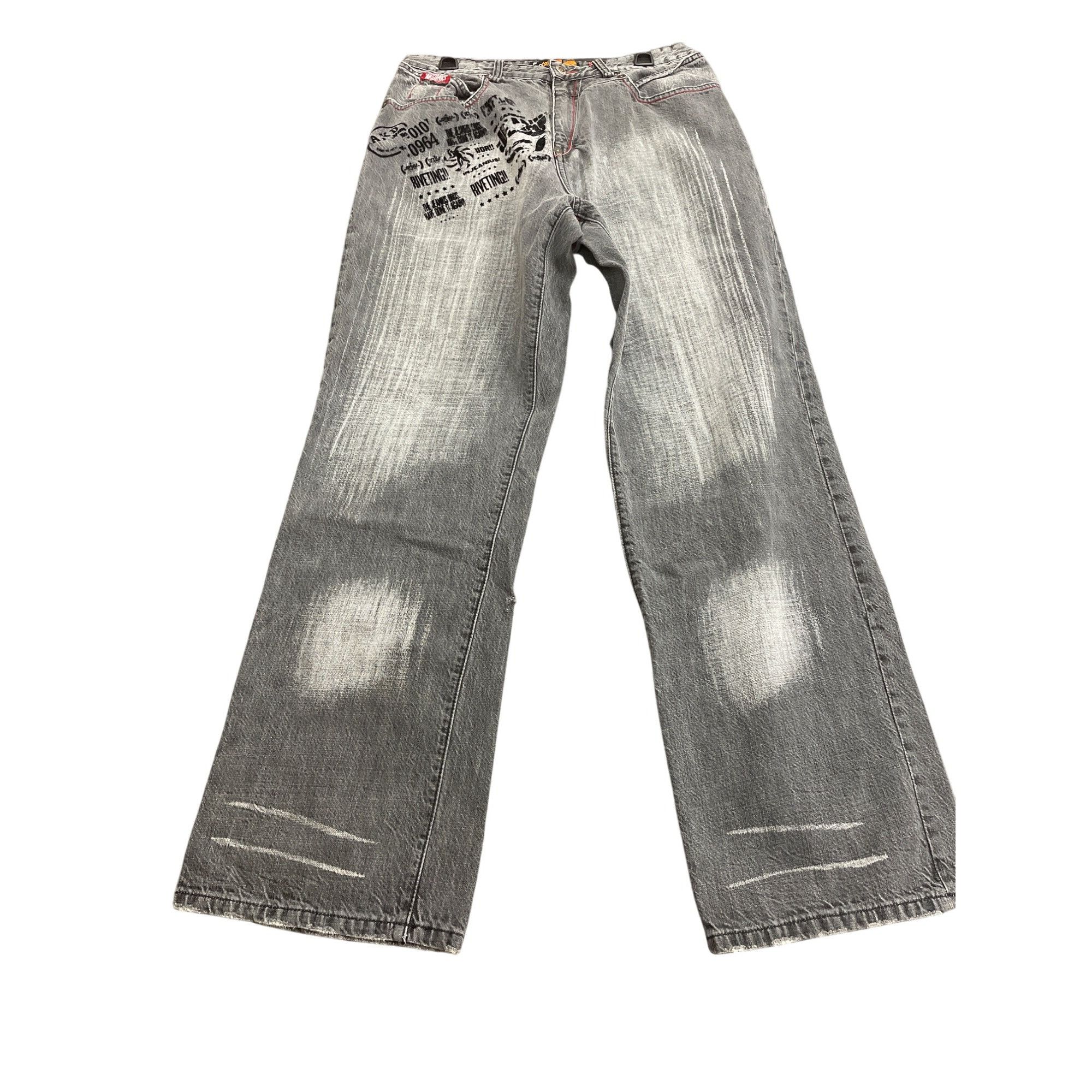 Akademiks Akademiks Mens Distressed Gray Graphic Wide-Leg Jeans Size 3 Size US 34 / EU 50 - 1 Thumbnail