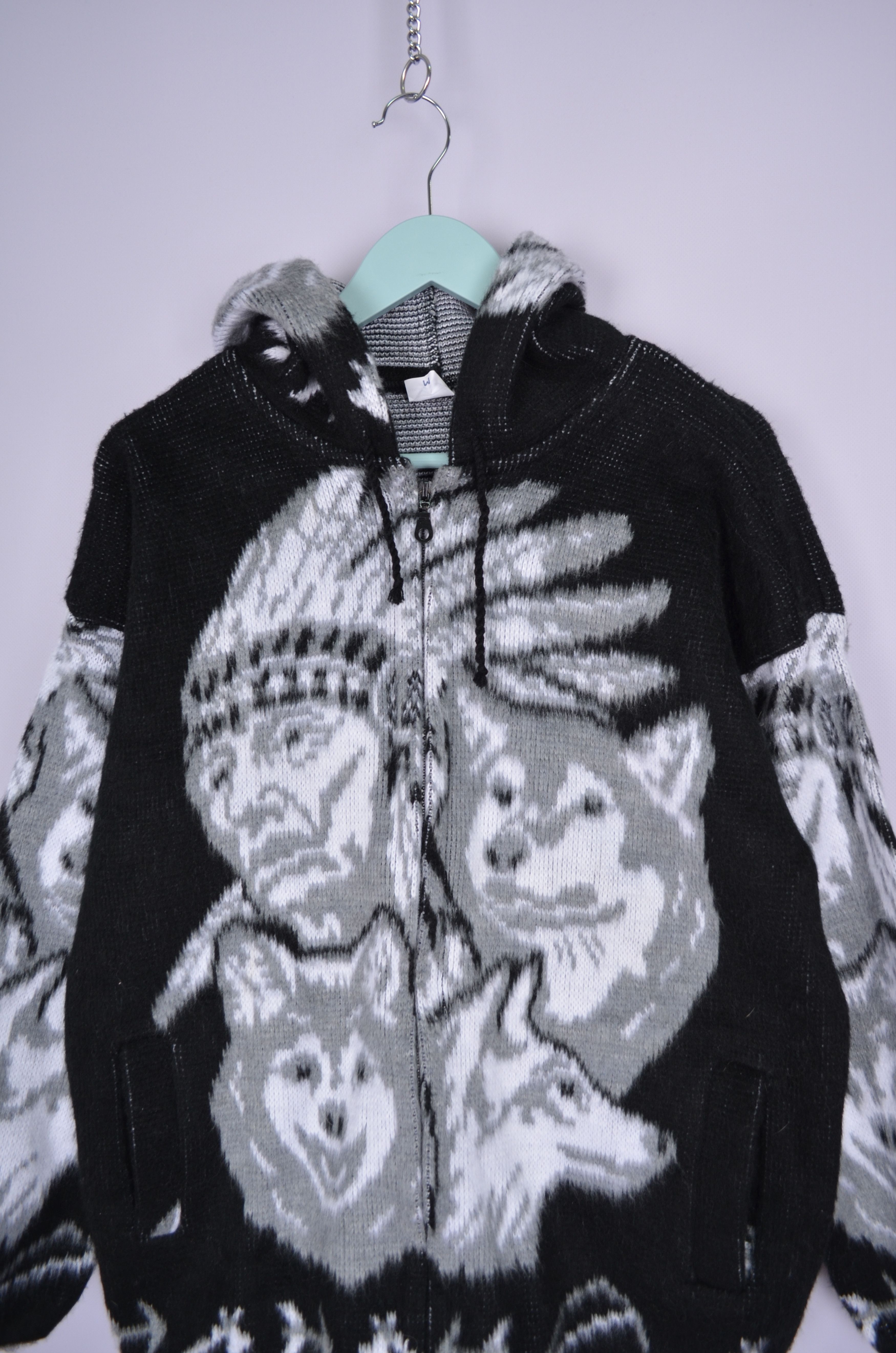Vintage VTG Native American Wolf Sweater M Black White Wool Full Zip Size US M / EU 48-50 / 2 - 2 Thumbnail