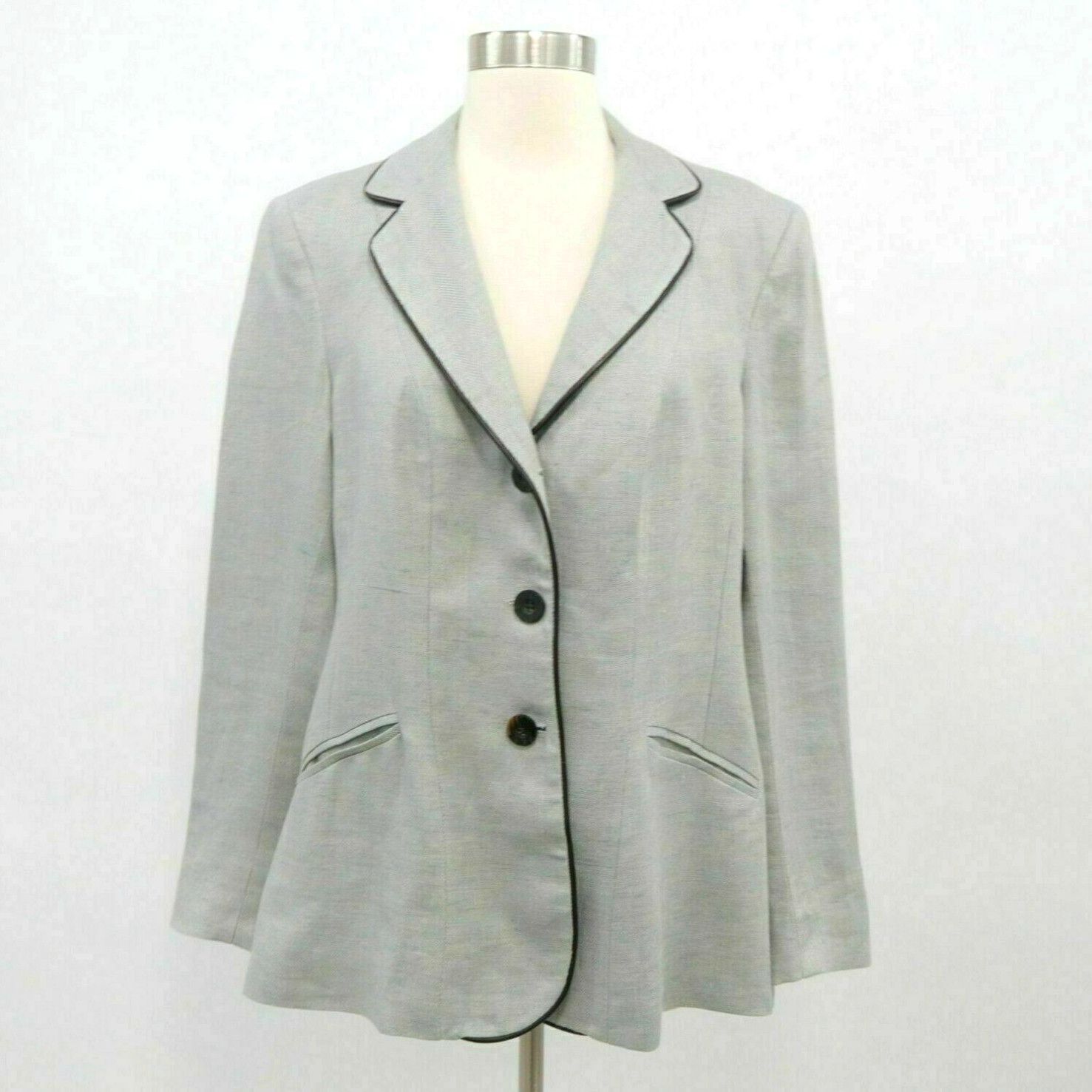 image of Vintage Katherine Hooker Blazer Jacket Linen Womens Us14 Gray Single Breasted Career in White (Size