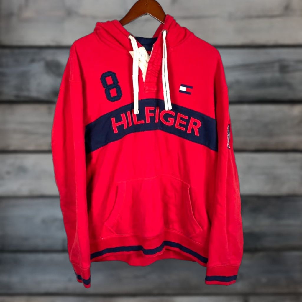 Tommy Hilfiger Rugby Hoodie Men's XL Red Embroidered Drawstring Sweatshirt Pockets Logo Crew Neck Long Sleeve