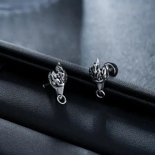 Jewelry Silver Flame Stud Earrings, Men's Gothic Accessories Size ONE SIZE - 5 Thumbnail