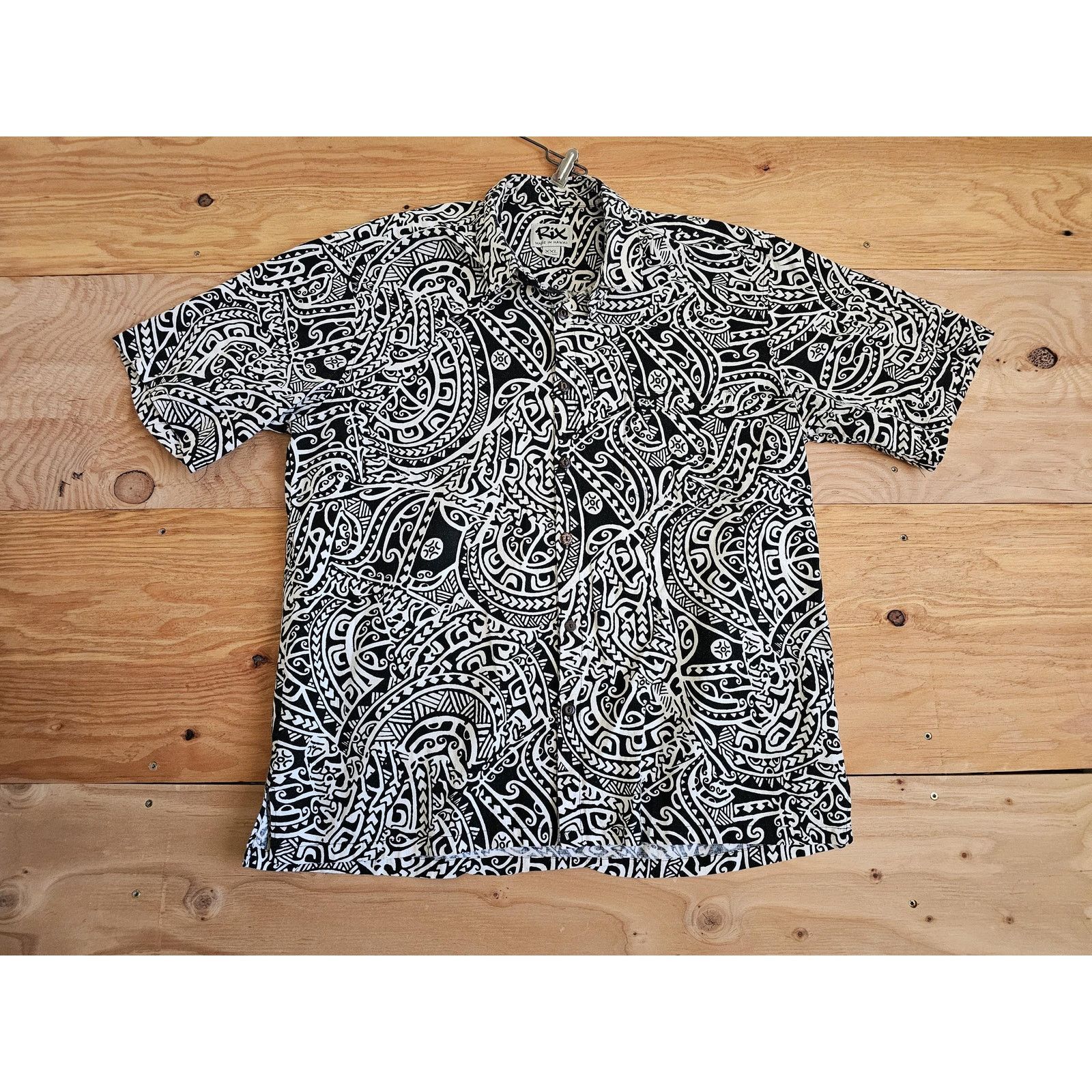 Rix Hawaiian Camp Aloha Button Down Tribal Shirt Black 2XL