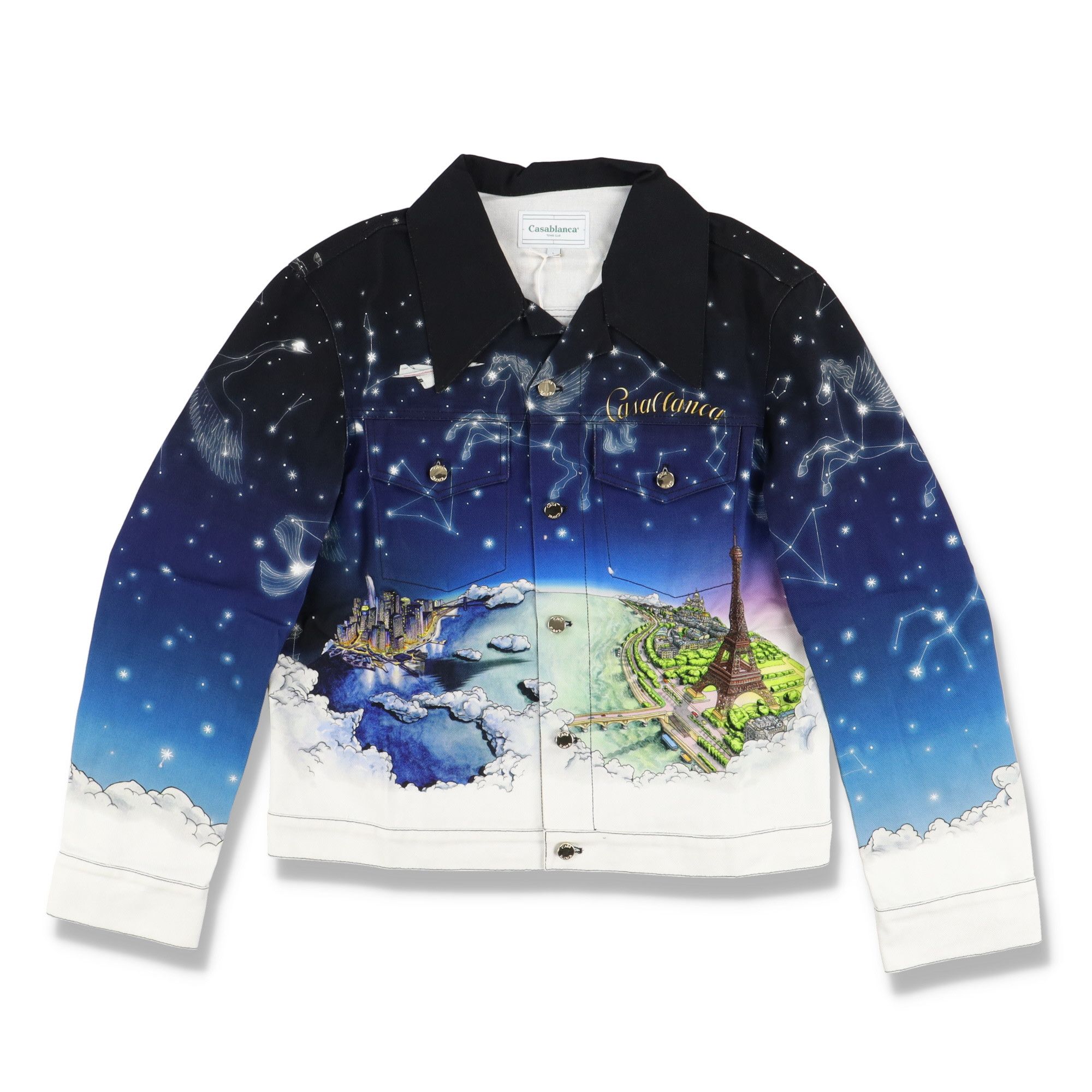 image of Casablanca Vol De Nuit All Over Print Logo Denim Jacket, Women's (Size Large)