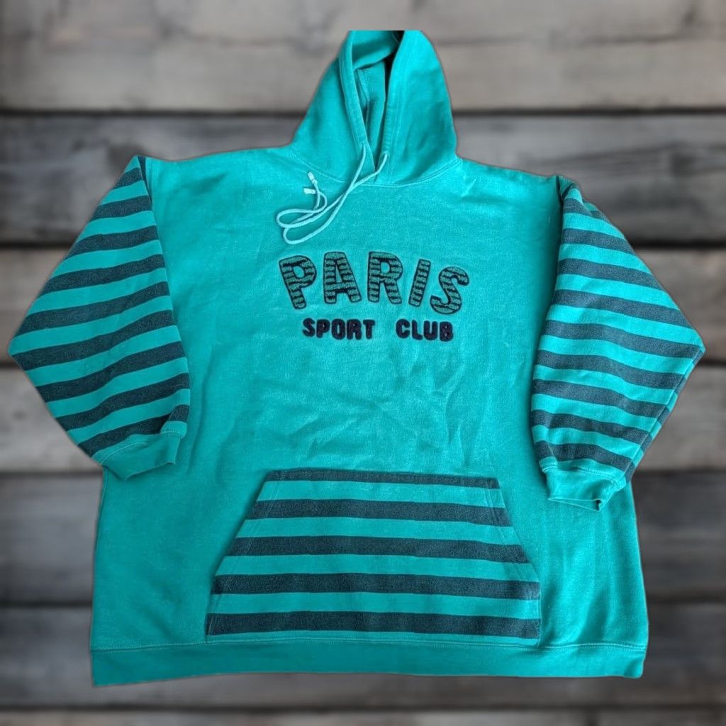 Vintage VINTAGE Paris Sport Club Hoodie Striped Sleeves Womens Oversized L 90’s Paris Graphic Print Fleece Pullover Size L / US 10 / IT 46 - 1 Thumbnail