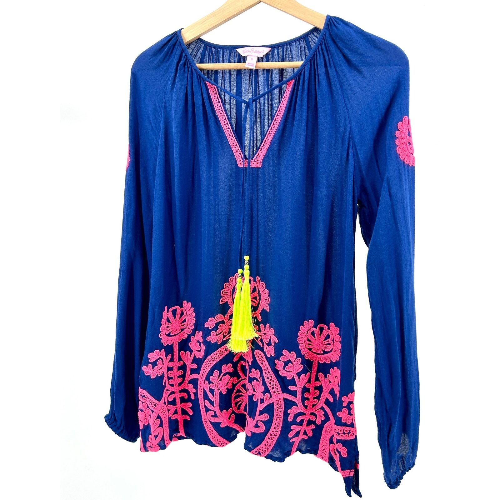 Lilly Pulitzer Navy Blue Pink Embroidered Tassel Peasant Blouse Size S / US 4 / IT 40 - 1 Thumbnail