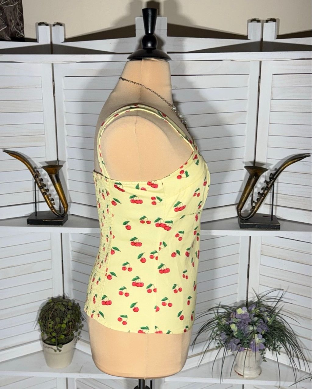 Vintage Y2K yellow halter top cherry print pattern elastic back 2X Size XXL / US 16-18 / IT 52-54 - 4 Thumbnail