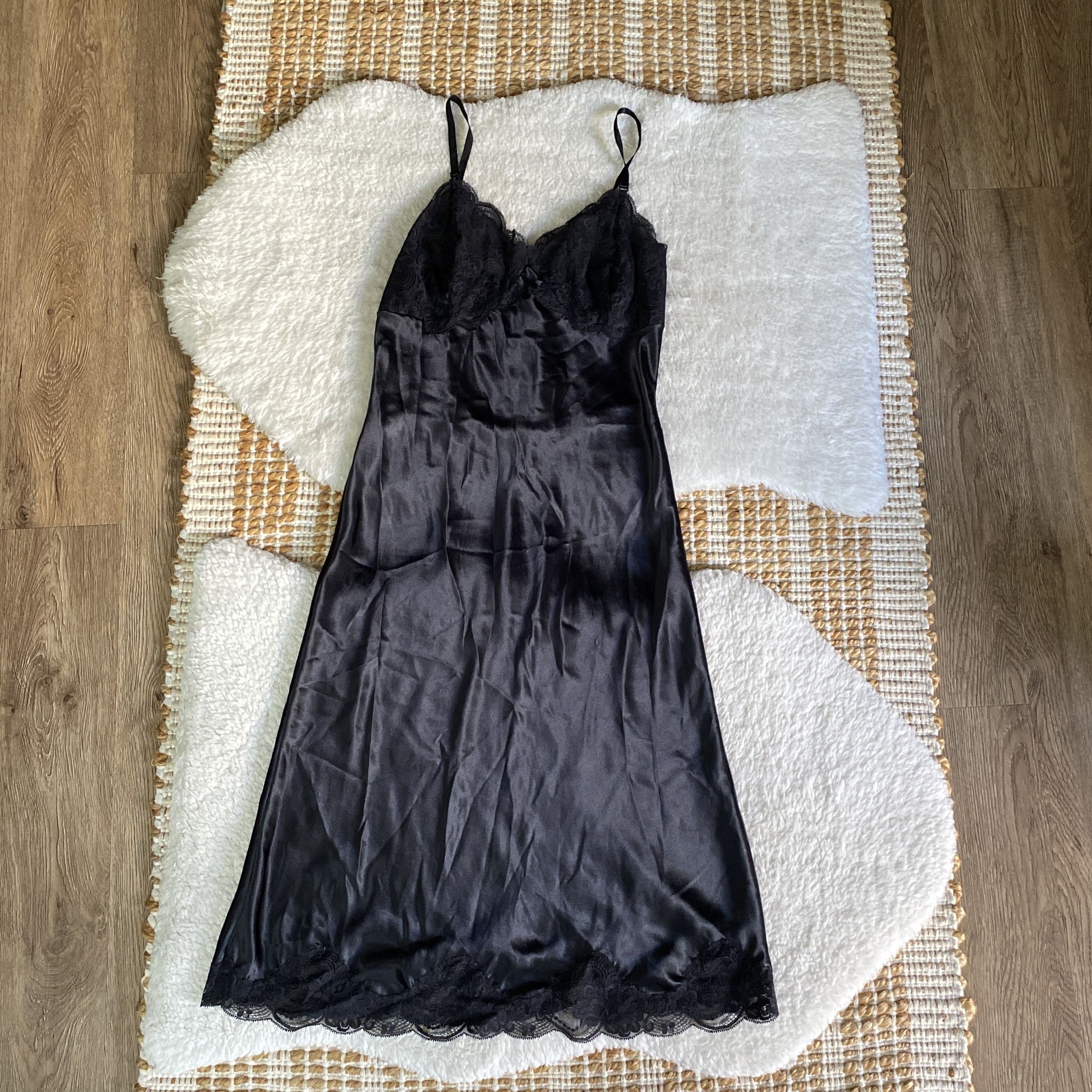Vintage Vintage Black Satin Lace Trim Slip Dress Midi Size S / US 4 / IT 40 - 4 Thumbnail