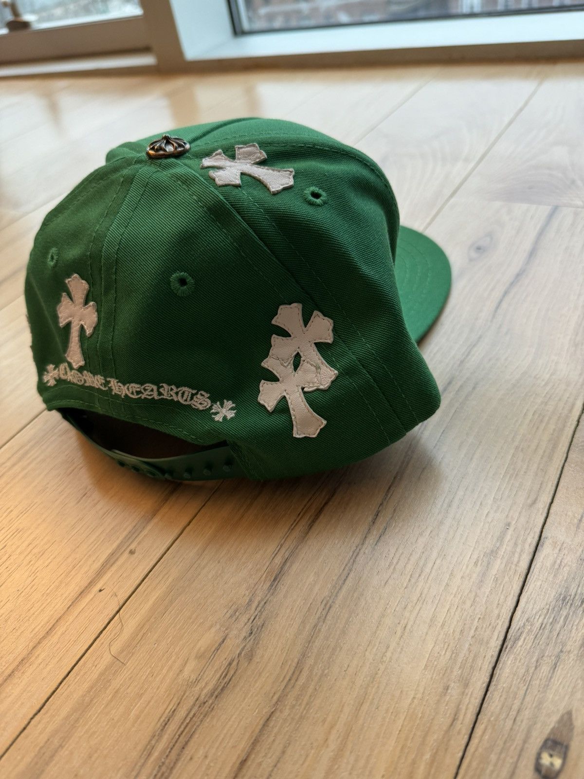 image of Chrome Hearts (Ds) Green Leather Cross Snapback, Men's