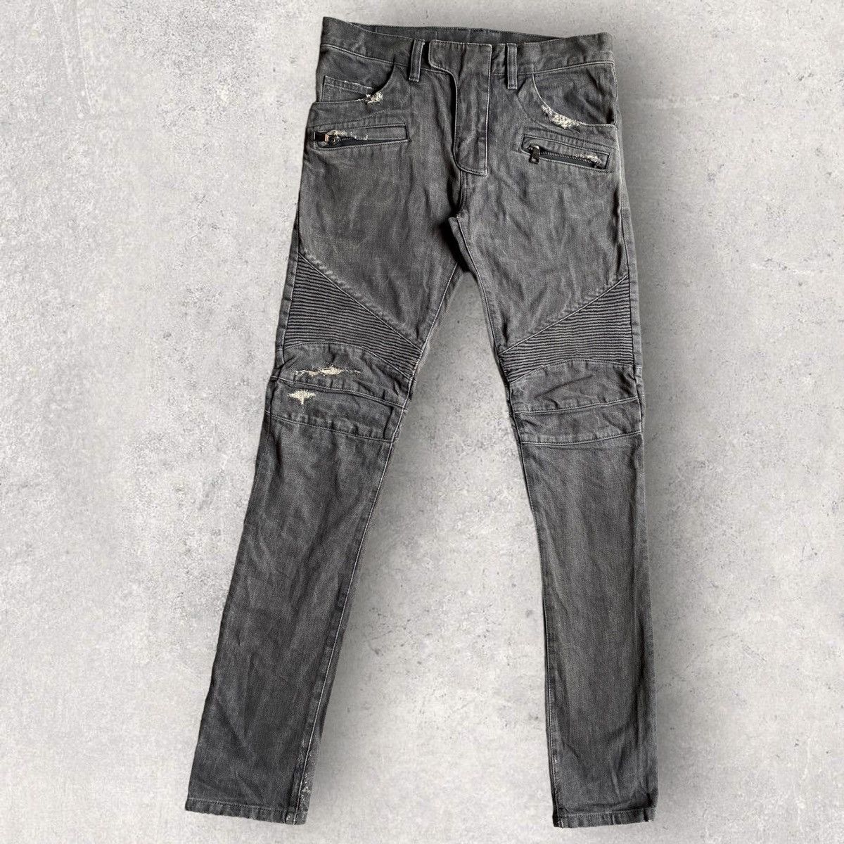 Distressed Grey Motorcycle Jeans Balmain Black Wash Distressed - Main Image