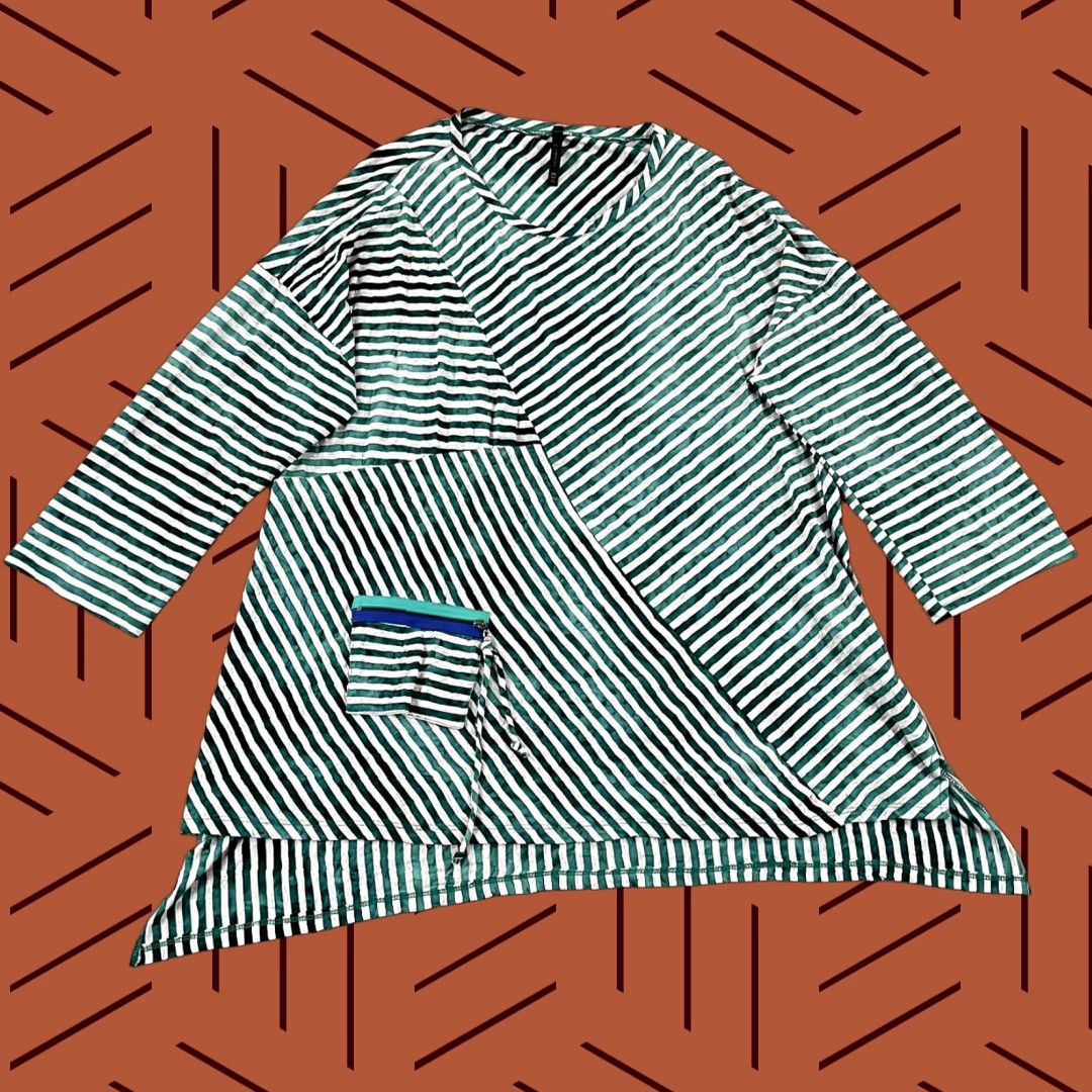 IC by CONNIE K Womens 2XL Green Gray Striped Tunic Top Asymmetric Pocket Stretch