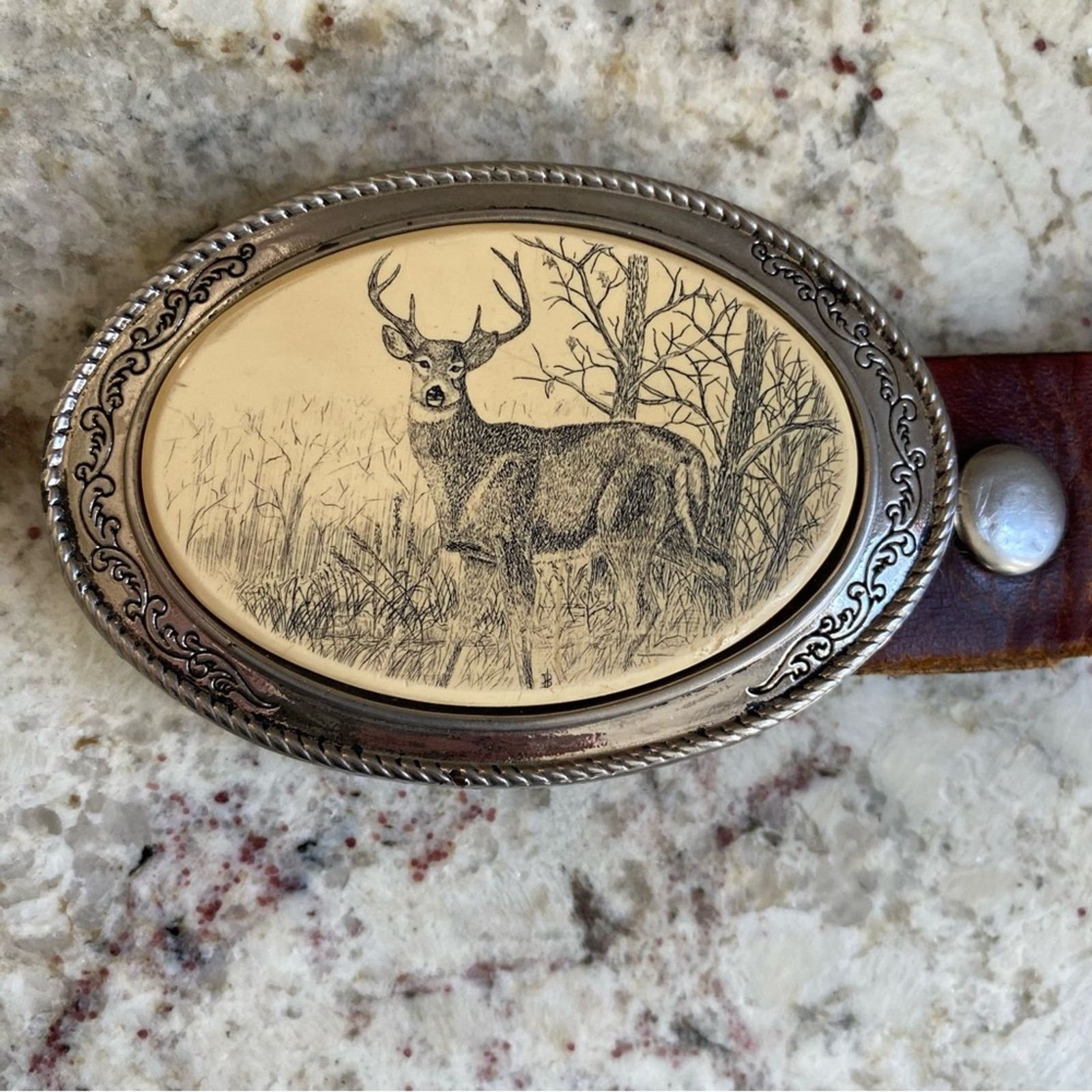 Vintage Vintage BARLOW USA Deer Stag Silver Tone Belt Buckle 38-43” Size 38 - 4 Thumbnail
