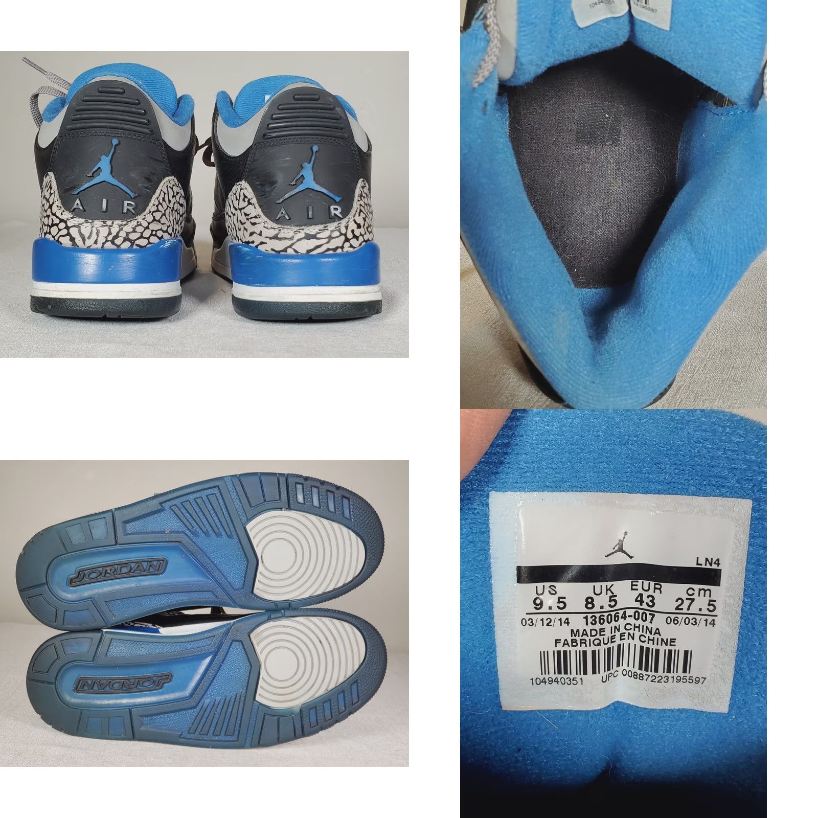 Jordan Brand Nike Air Jordan 3 Retro Black Sport Blue Wolf Gray 136064-007 Men’s US 9.5 Sneakers Size US 10 / EU 43 - 8 Thumbnail