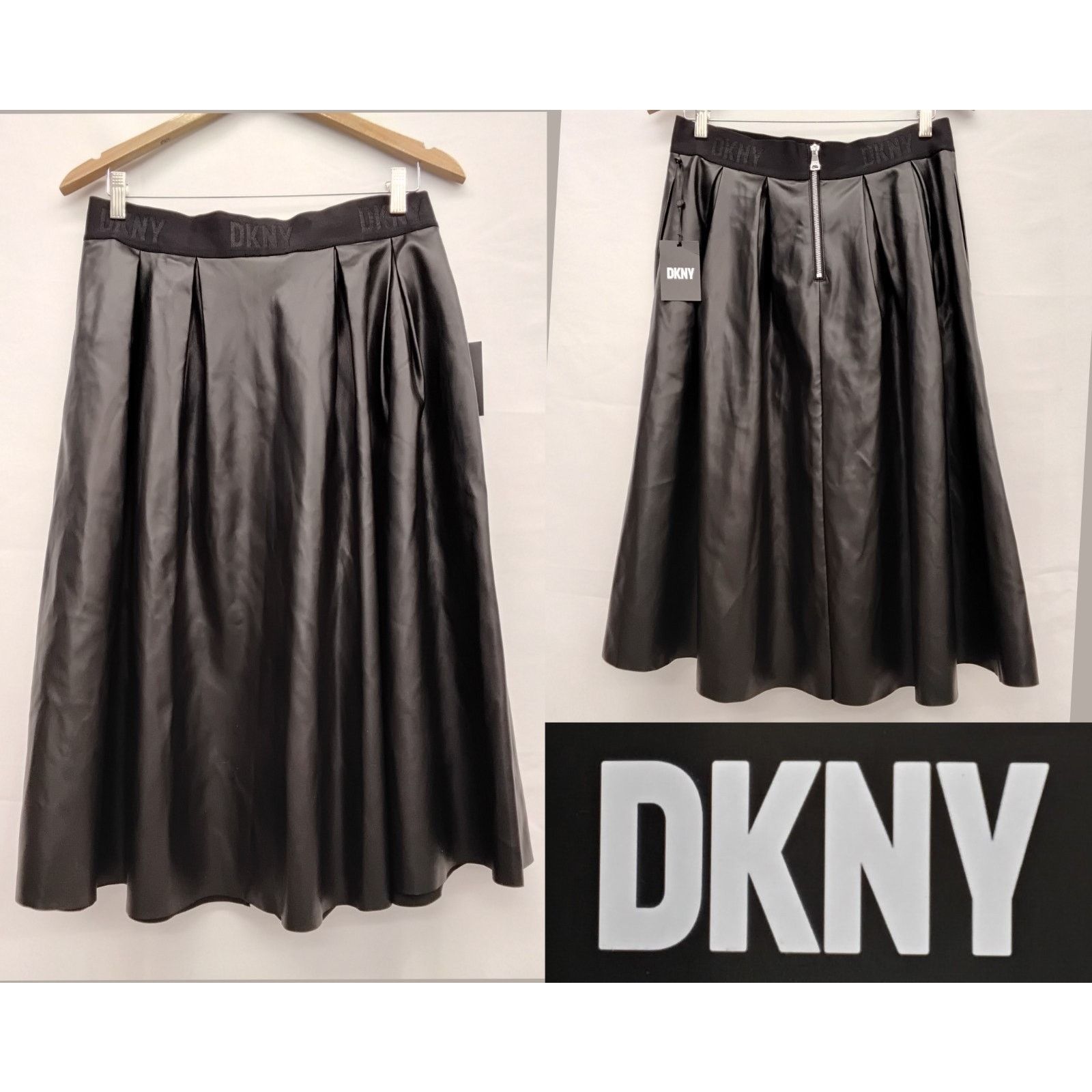 DKNY DKNY Pleather A-Line Skirt Women's M Black Pleats Midi NWT Size 32" / US 10 / IT 46 - 1 Thumbnail