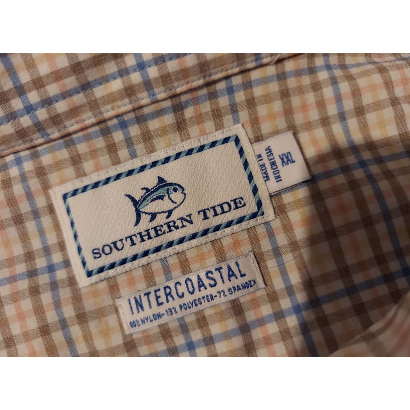 Southern Tide Mens Southern Tide Dress Shirt Button-Up 2XL Khaki Beige Plaid Long Sleeve Casual Mens Shirt Size 48R - 3 Thumbnail