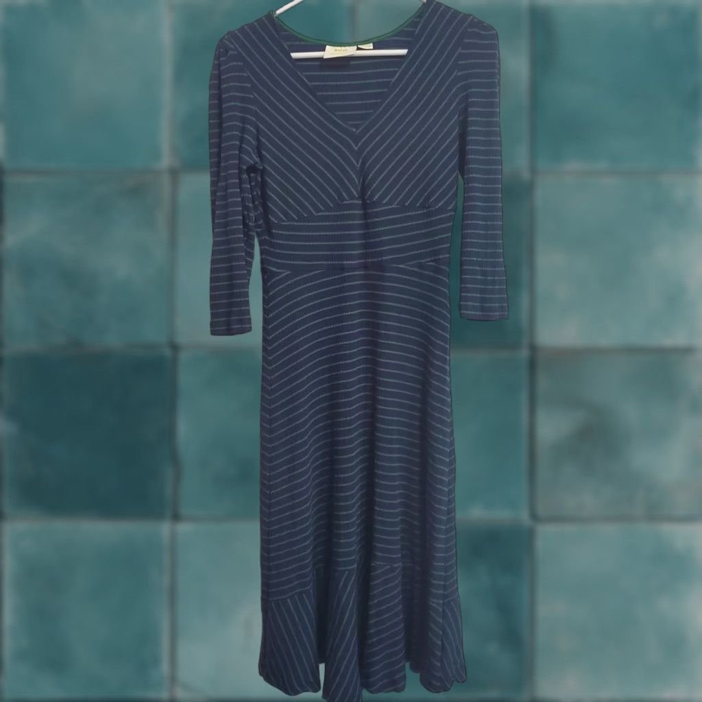 Anthropologie VINTAGE Anthropologie Maeve Dress Women M Blue Green Striped Ribbed Stretchy V Neck Midi 3/4 Sleeve Ruffle Hem Size M / US 6-8 / IT 42-44 - 1 Thumbnail