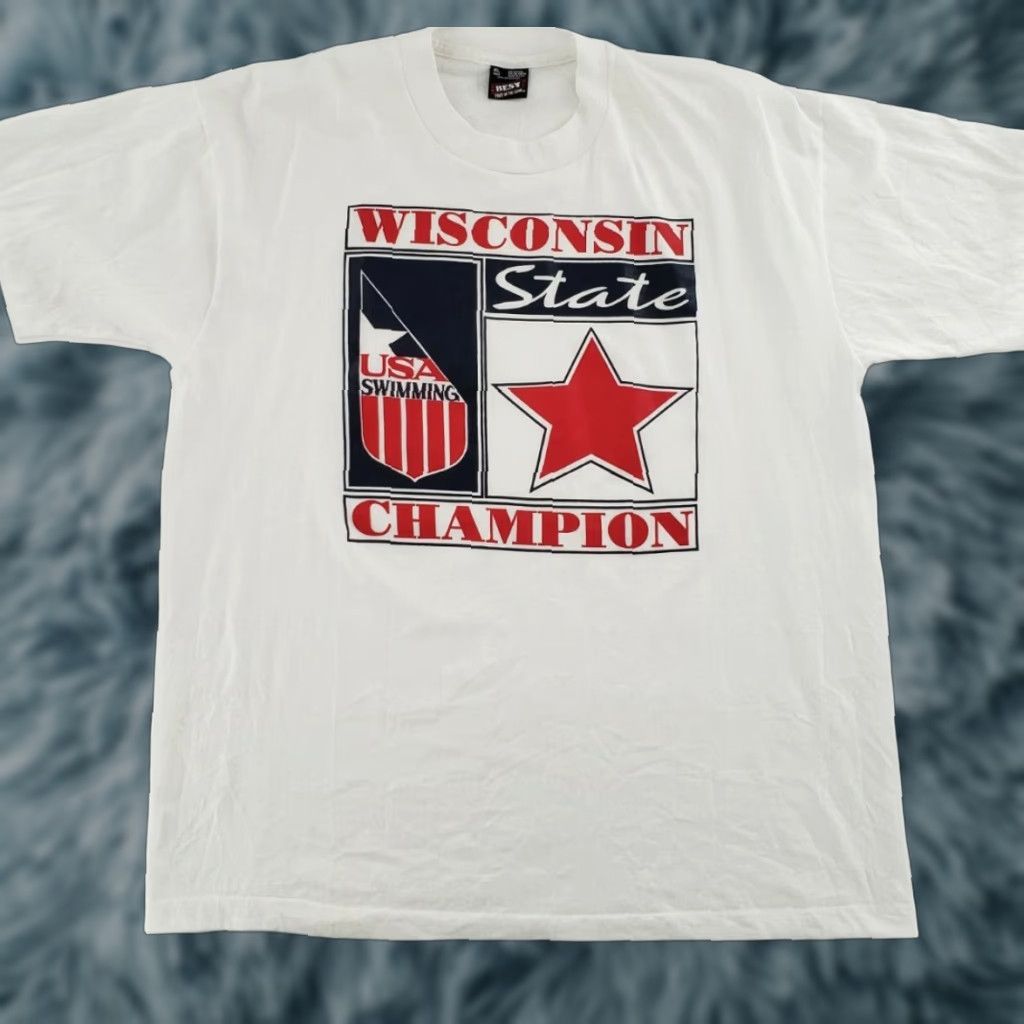 Fruit Of The Loom VINTAGE Fruit of the Loom Wisconsin State USA Swimming Champion T-Shirt Adult XL White 90s Crew Neck Graphic Print Mens Size US XL / EU 56 / 4 - 1 Thumbnail