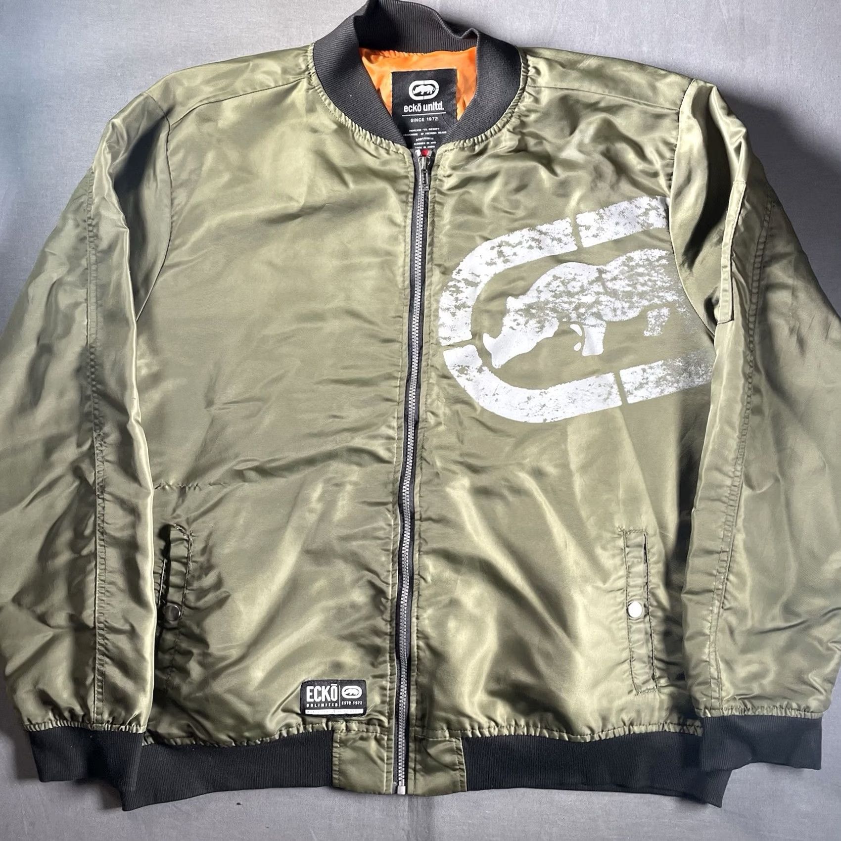 Ecko Unltd. Marc Ecko Unltd Bomber Jacket Mens 2XL Green Chenille Rhino Logo Orange Lining Size US XXL / EU 58 / 5 - 2 Thumbnail