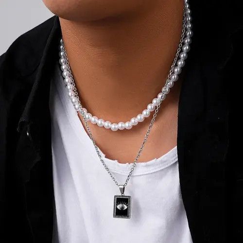 Other Pearl Choker Chain & Square Eye Titanium Necklace Size ONE SIZE - 1 Thumbnail