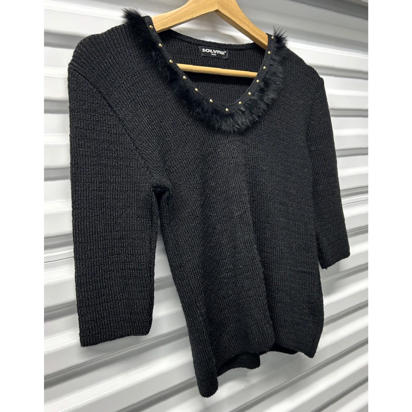 Vintage VINTAGE Solyne Paris Sweater Women Black Rhinestone Square Neck 3/4 Sleeve Knit MadeInFrance S Pullover Size S / US 4 / IT 40 - 3 Thumbnail
