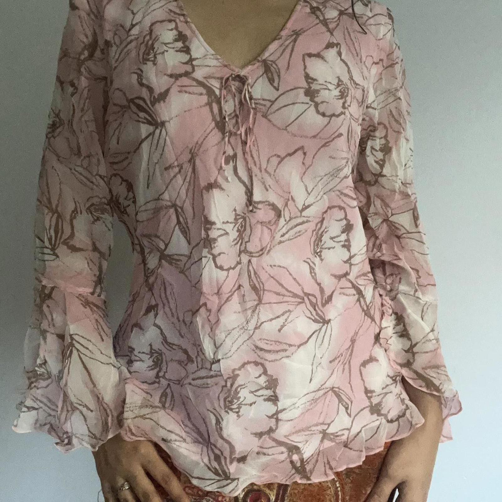 Other Pink and brown soft floral silk long sleeve blouse Size M / US 6-8 / IT 42-44 - 2 Thumbnail