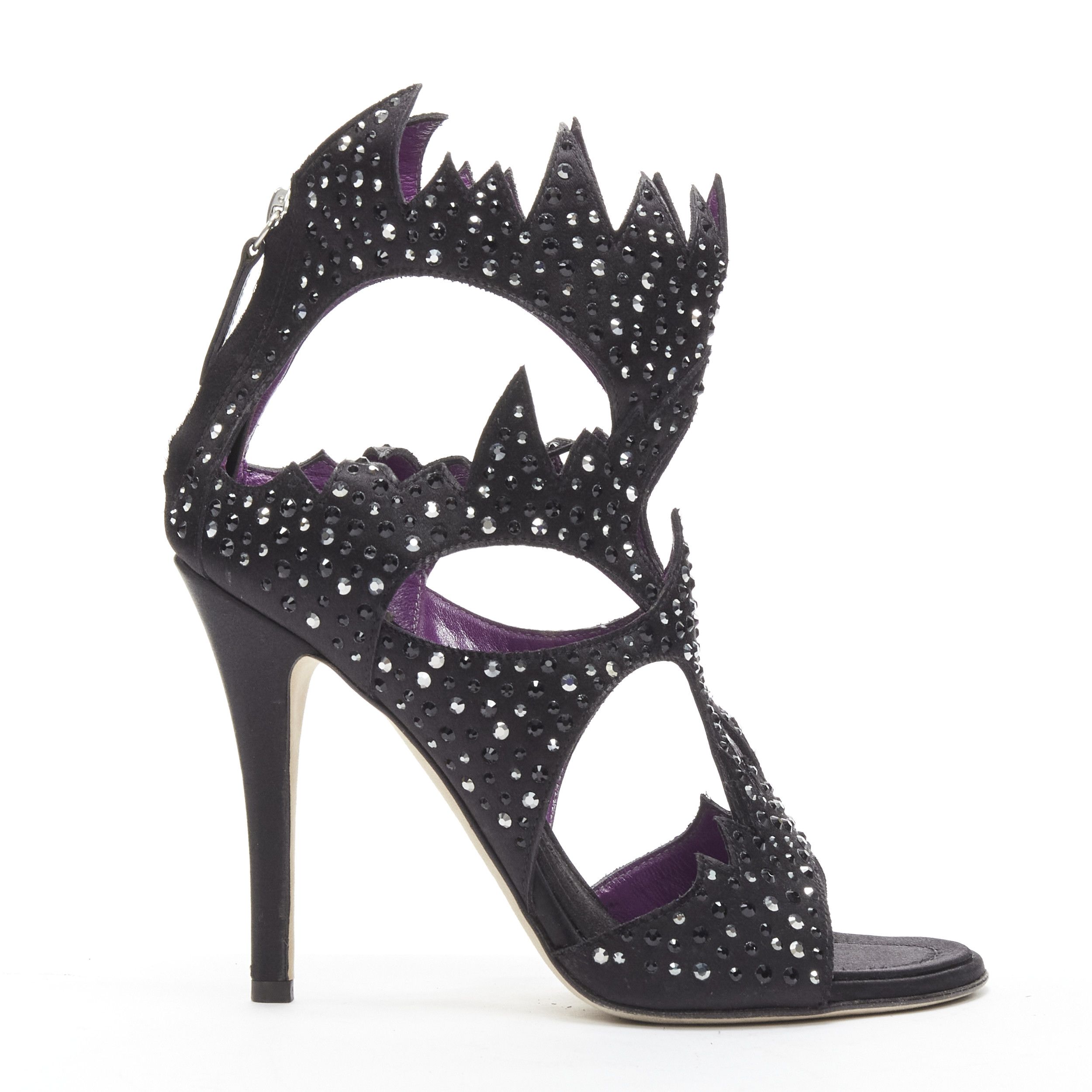 Giuseppe Zanotti GIUSEPPE ZANOTTI black crystal embellished satin cutout sandals heels EU37.5 Size US 7.5 / IT 37.5 - 1 Thumbnail