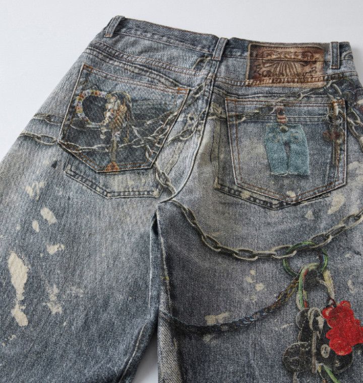 Japanese Brand Men's Baggy Loose Straight Leg Digital Print Jeans Size US 32 / EU 48 - 4 Thumbnail