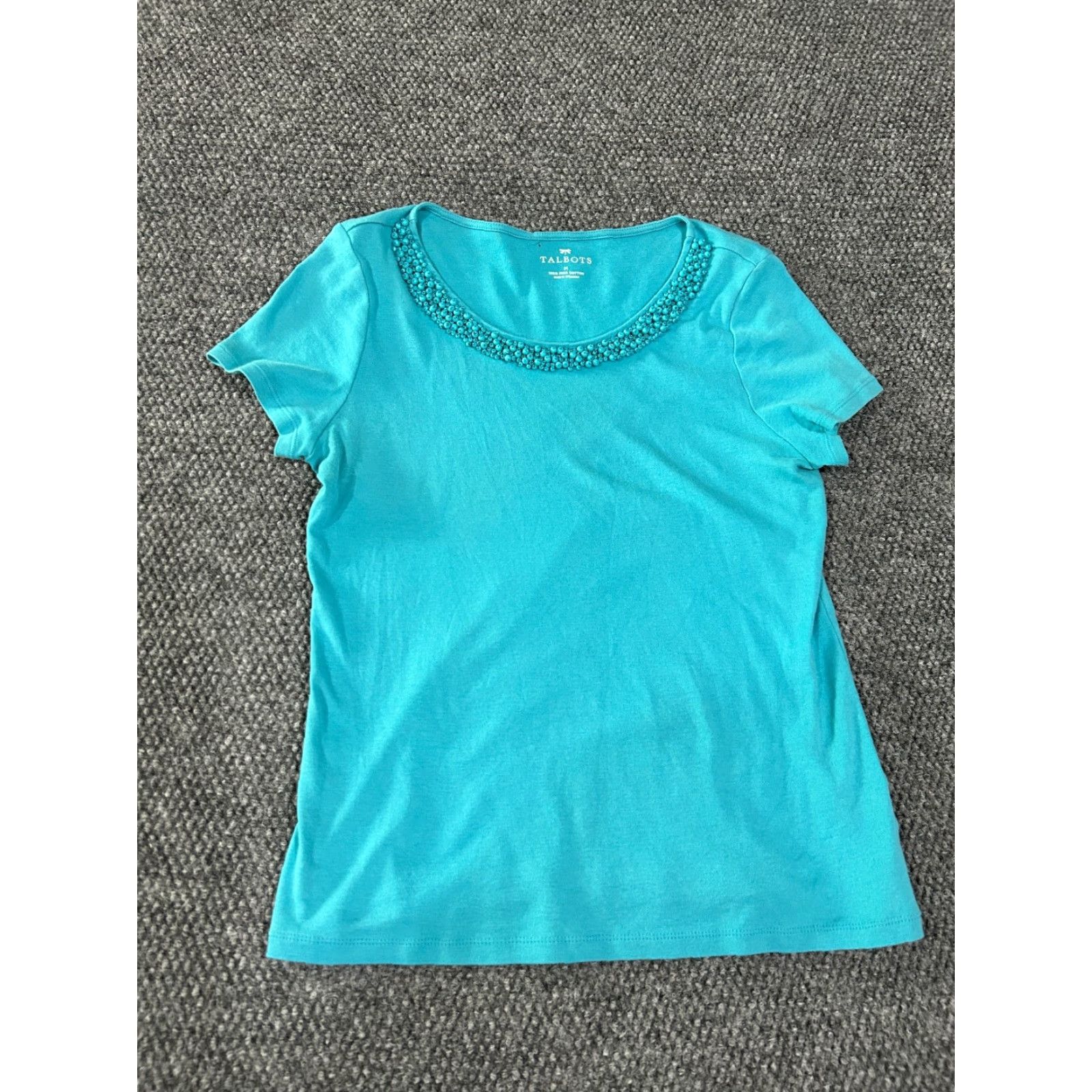 Talbots Talbots Womens Top Short Sleeve Knit Casual Beaded Neckline Blue M Size Crew Neck Cotton Button Beaded Kn - Sliming? Size M / US 6-8 / IT 42-44 - 2 Thumbnail