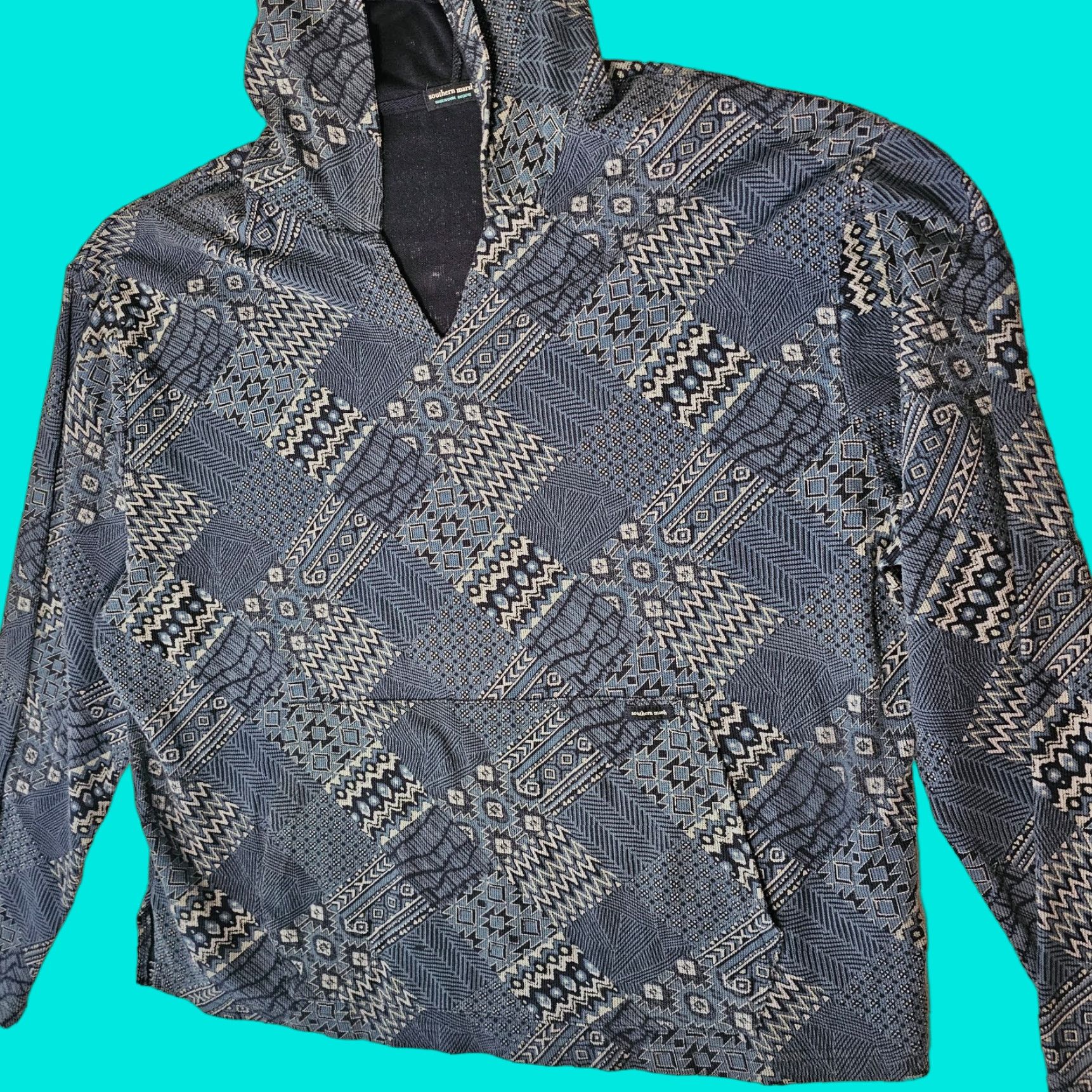 VINTAGE Southern Marsh Men’s Cotton V Neck Pullover Hoodie XL Aztec Western Blue
