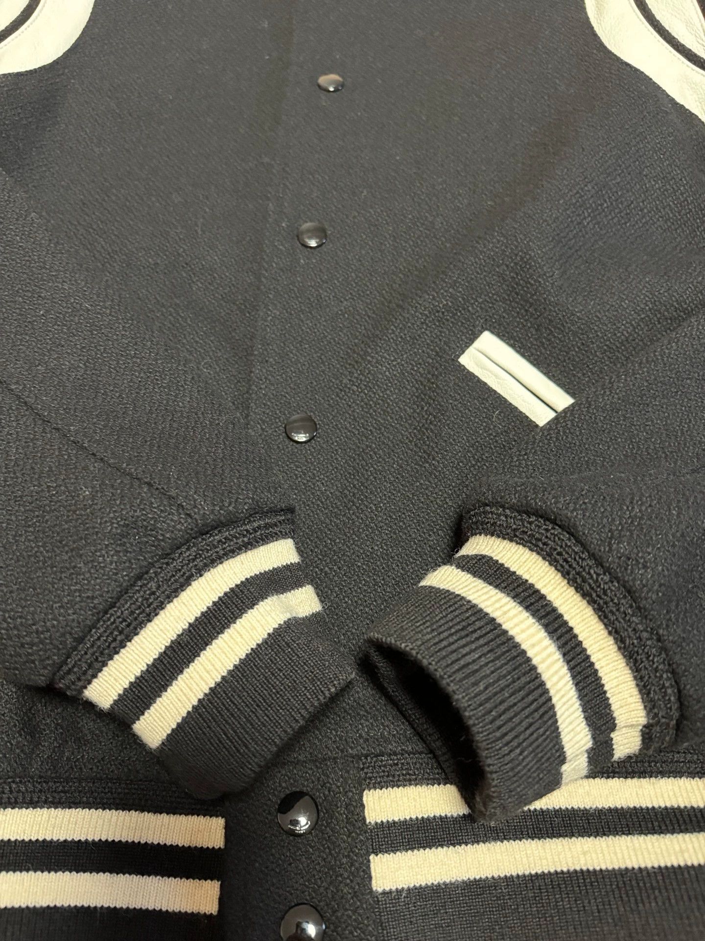 Saint Laurent Paris SLP wool leather panel baseball jacket black white Size US M / EU 48-50 / 2 - 6 Thumbnail