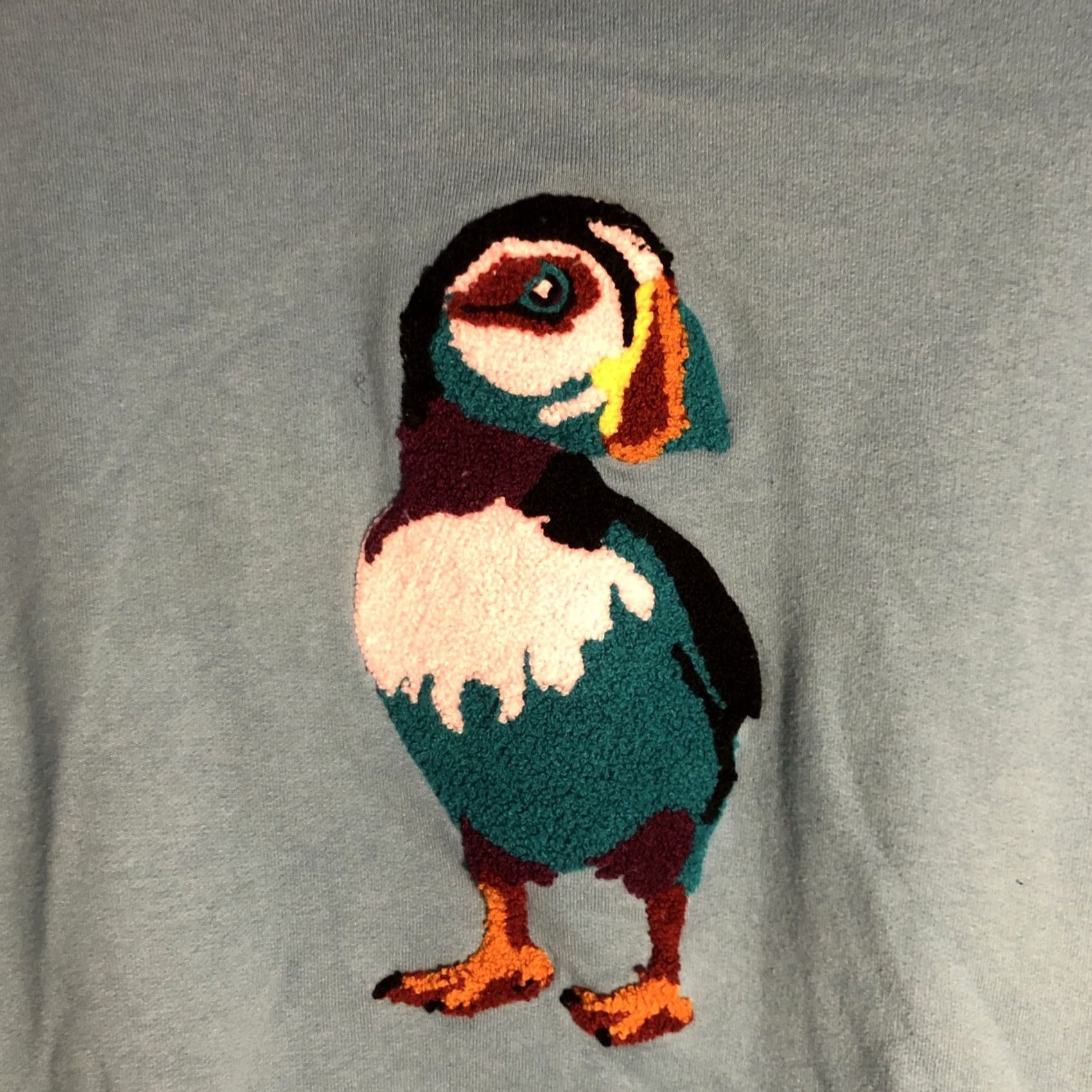Bonobos Bonobos Mens Blue Fleece Classic Pullover Hoodie L Large Puffin Bird Embroidered Graphic Print Pullover Crew Neck Size US L / EU 52-54 / 3 - 4 Thumbnail