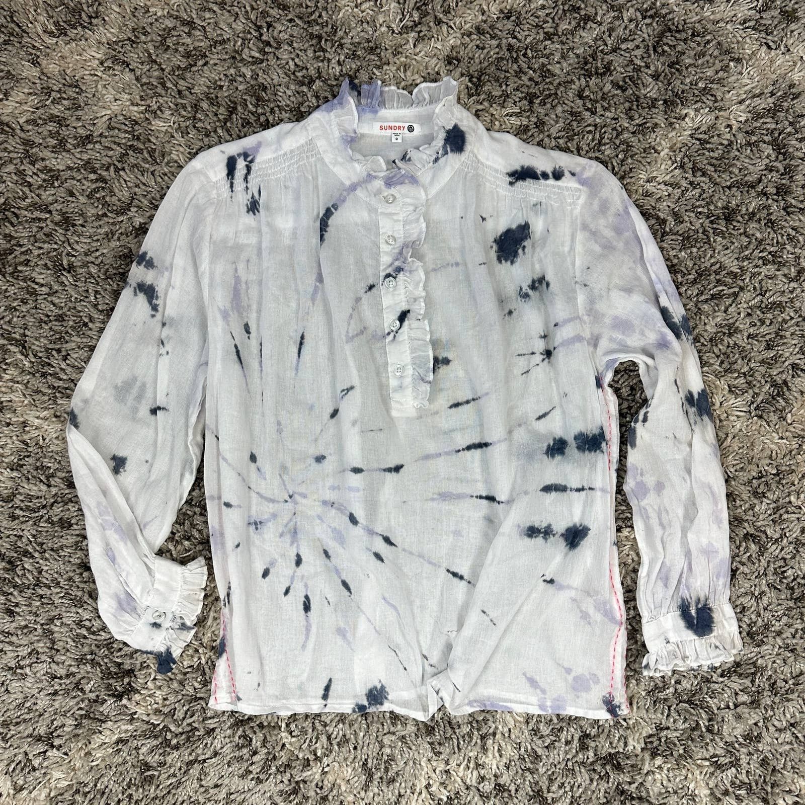 Sundry Sundry Tie Dye Ruffle Button Popover Top Shirt Blouse 0 XS Size XS / US 0-2 / IT 36-38 - 1 Thumbnail