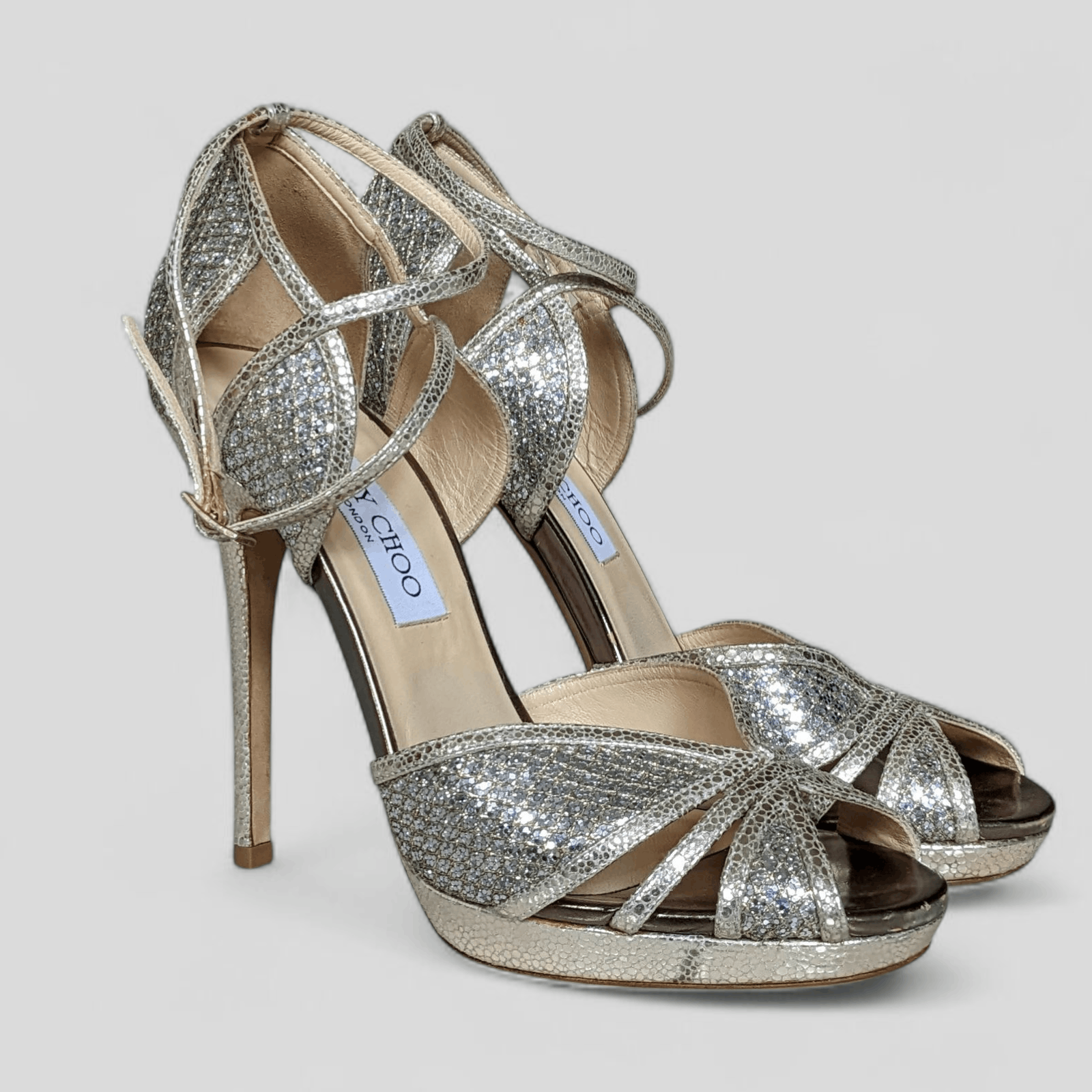 Jimmy Choo Glitter Strappy High Heel Sandals – Size 37.5