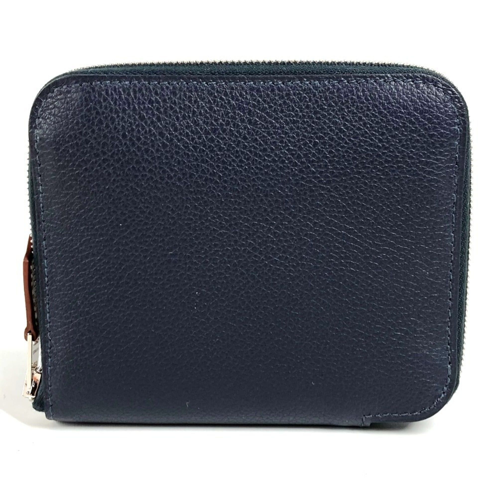Hermes HERMES Azap Silkin Compact Business Card Case, Pass Coin Purse, Wallet, Leather, Round Zipper, Bifold Navy Blue, Like New, Men's/Women's Size ONE SIZE - 1 Thumbnail