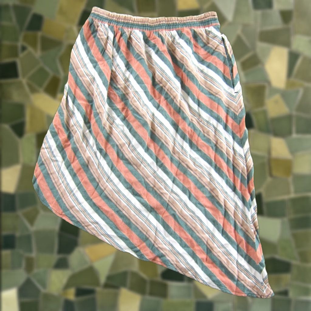 KAVU KAVU Skirt XS Elastic Waist Pocket Striped 100% Rayon Green Pink Beac h Maxi Knee Length Womens Size 26" / US 2 / IT 38 - 1 Thumbnail