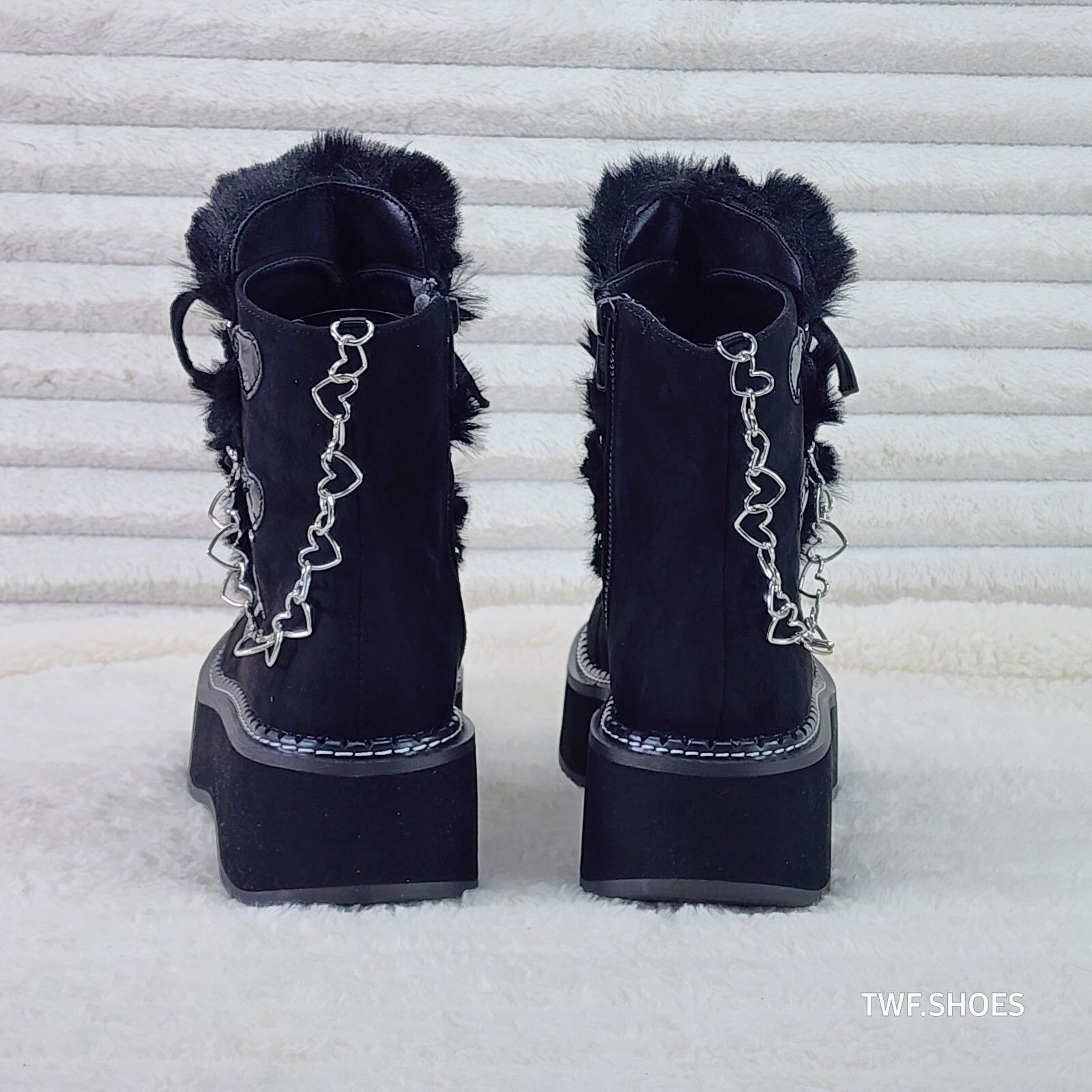 Other Emily Black Furry Heart Chain Goth 2" Platform Ankle Boots 5 Size US 10 / IT 40 - 6 Thumbnail