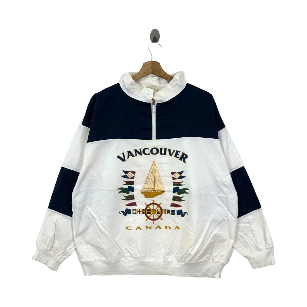 image of Vancouver Canada Big Logo Half Zipper Pullover in White, Men's (Size Medium)