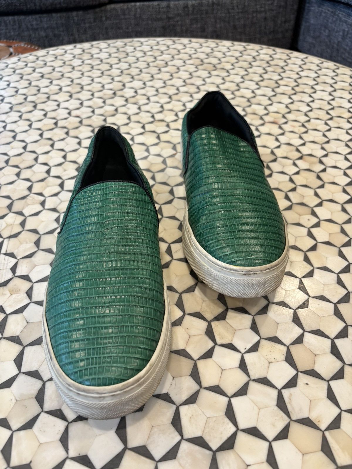 CELINE Green Crocodile Slip Ons