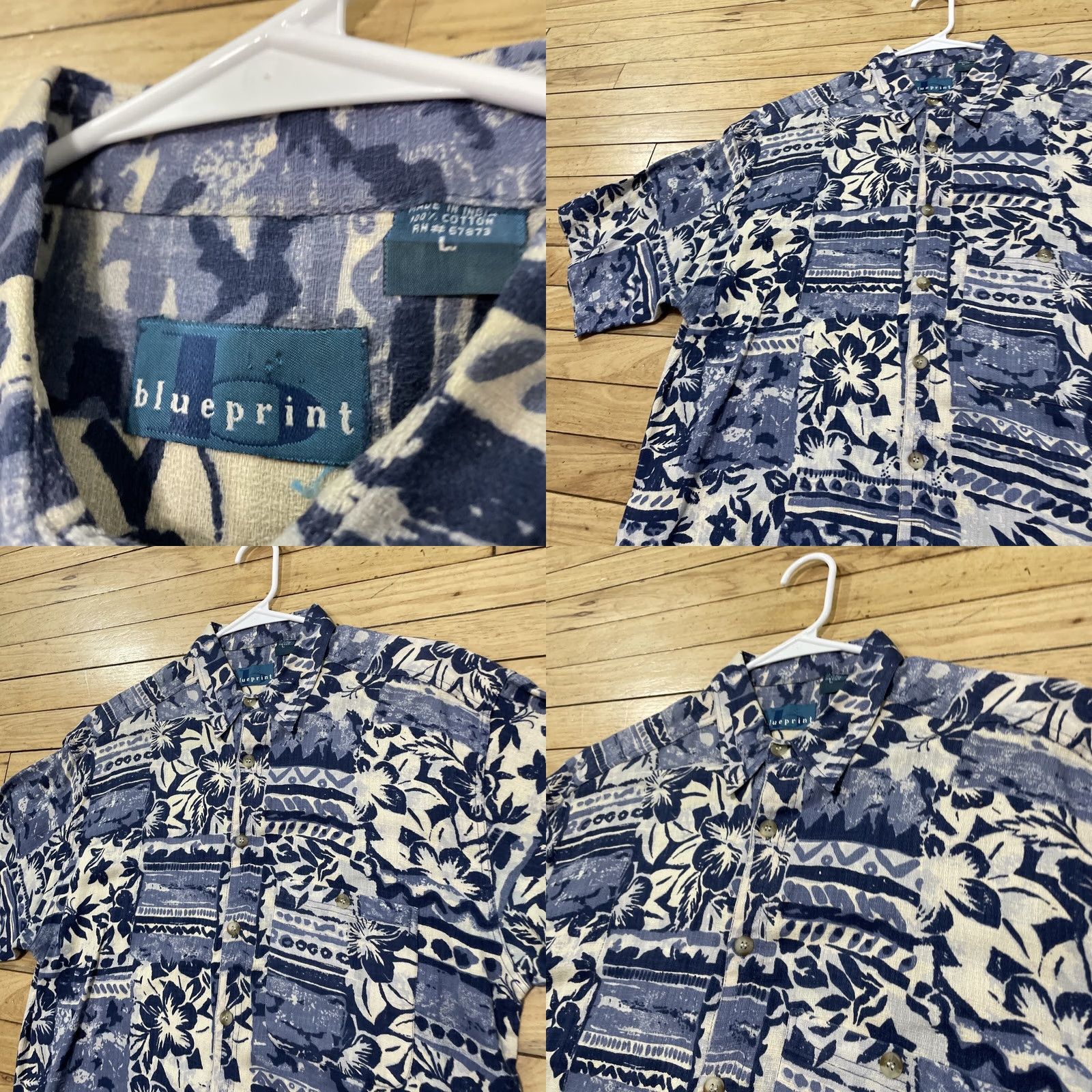 ALOHAS Blueprint Vtg 90s Shirt Men's L Blue Hawaiian Aloha Floral Madras Cotton Shirt Size US L / EU 52-54 / 3 - 9 Thumbnail