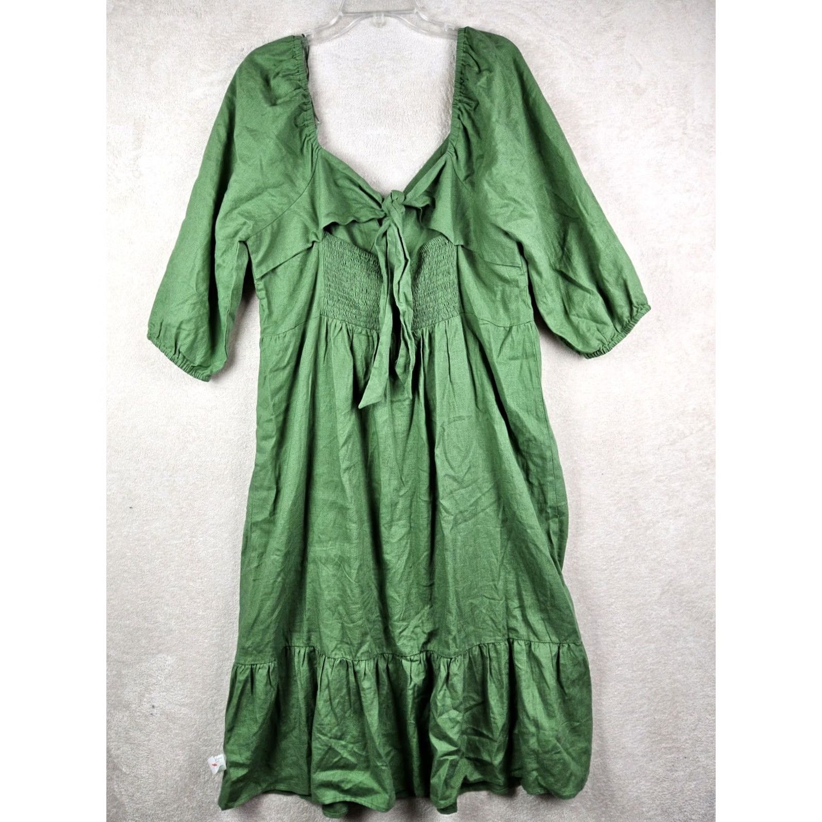 Vintage Monsoon Dress Women's Linen Viscose Tie Back Ruffle Green 16 Casual 3/4 Sleeve Long Size XXL / US 16-18 / IT 52-54 - 4 Thumbnail