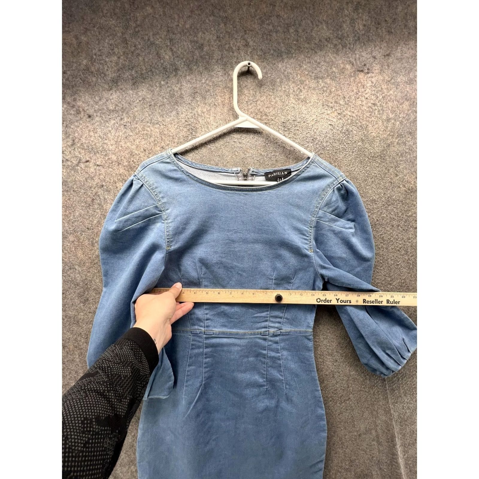 Vintage Parisian Dress Womens 12 Blue Denim Puff Sleeve Bodycon Mini Short Stretch Shirt? Size 34" / US 12 / IT 48 - 3 Thumbnail