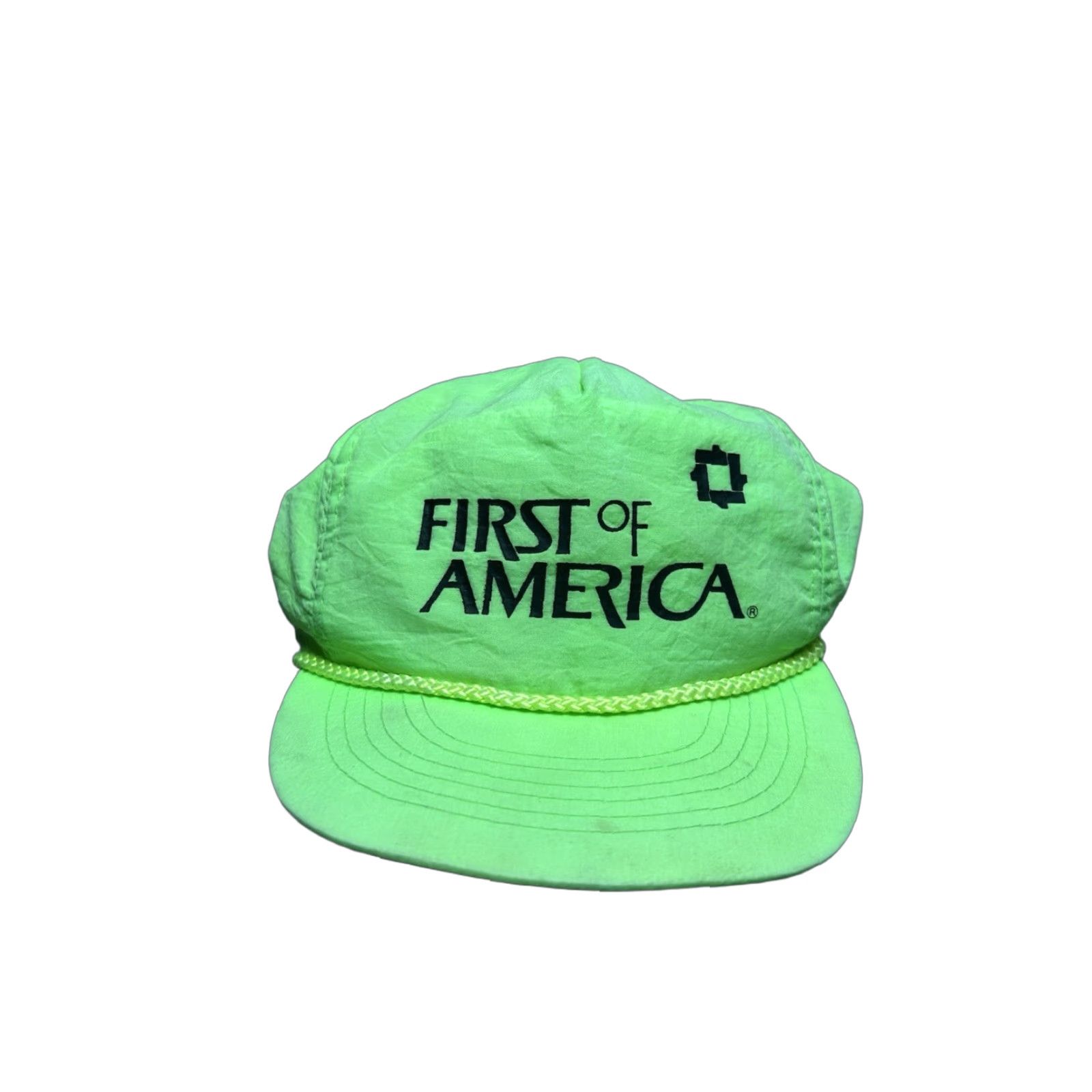 Vintage VINTAGE 90s Cap America SnapBack Hat Green Nylon Adjustable Mens Hi Vis Neon First of America Bank Cap America Shirt? Size ONE SIZE - 1 Thumbnail