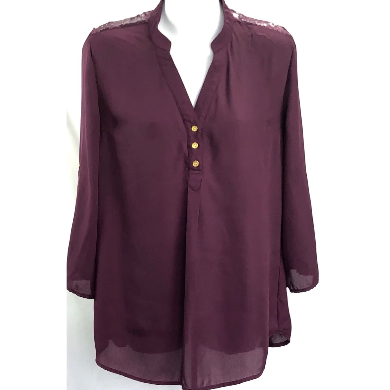 Vintage VINTAGE rue21 Blouse 3/4 Sleeve Purple M Lace Back Button V-Neck Chiffon Size M / US 6-8 / IT 42-44 - 6 Thumbnail